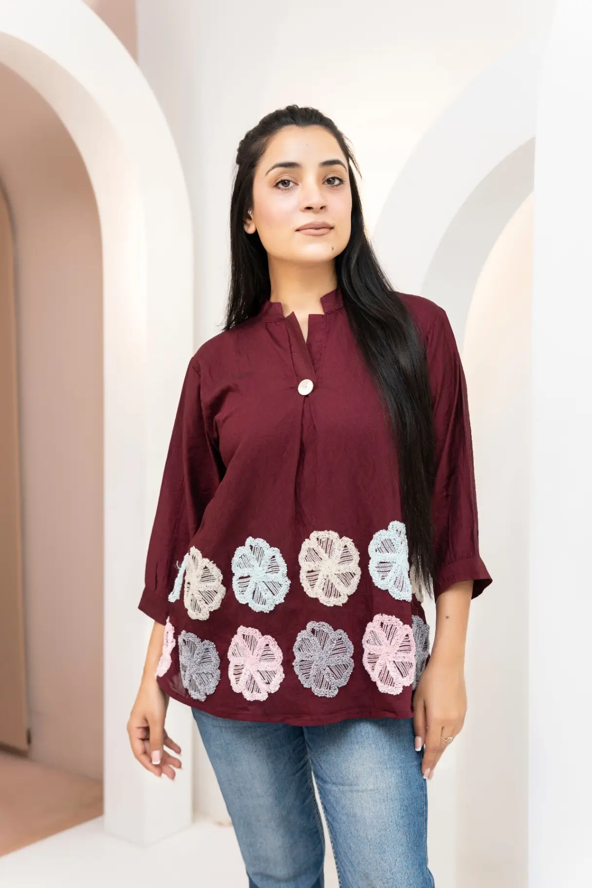 Wine Maroon Mandarin Collar Tunic Top with Pastel Floral Appliques view 2