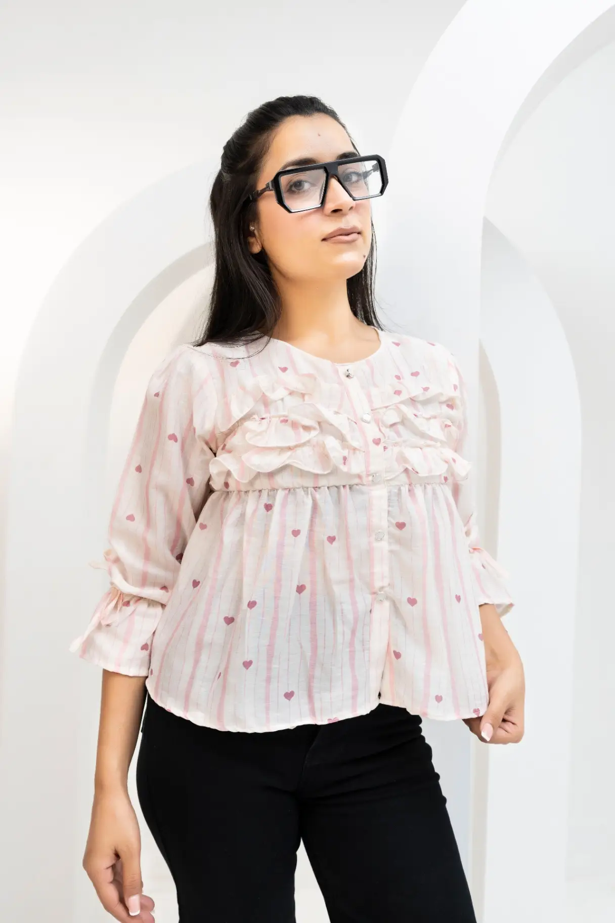 Blush Pink Heart Print Ruffle Peplum Top view 2