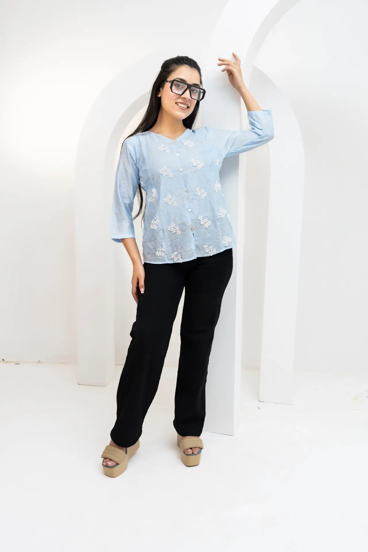 Powder Blue Slub Tunic Top with Scattered Ivory Floral Embroidery