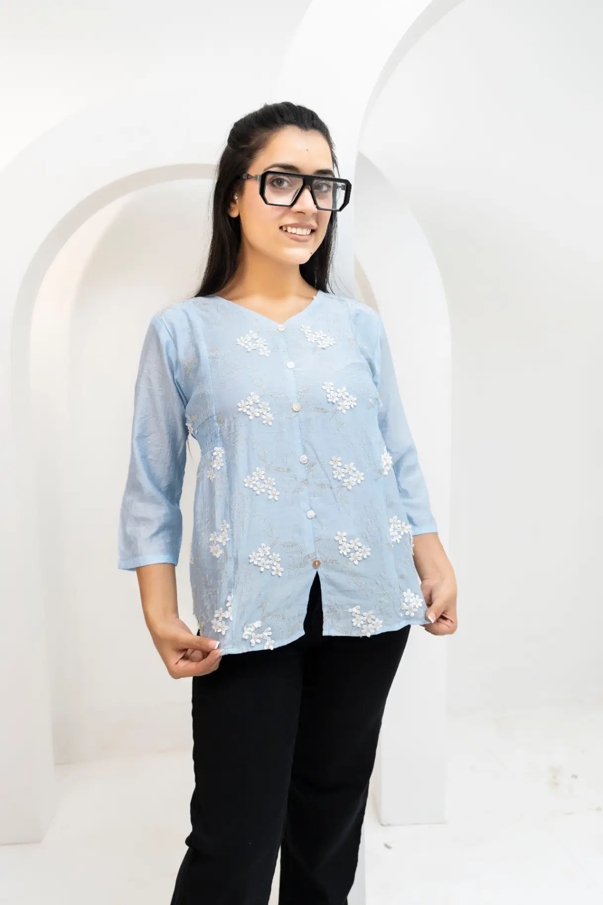 Powder Blue Slub Tunic Top with Scattered Ivory Floral Embroidery view 2