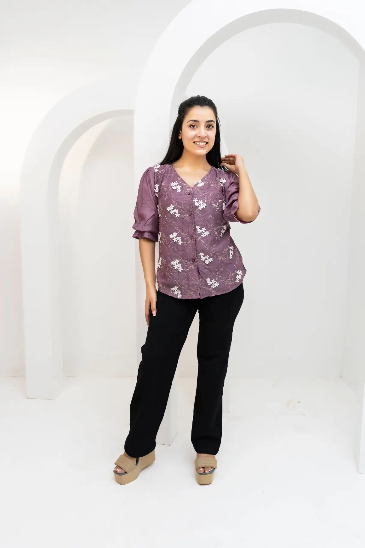 Muted Plum V-Neck Button-Down Top with Puff Sleeves