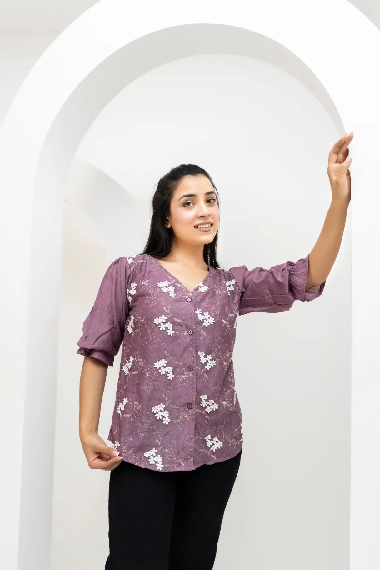 Muted Plum V-Neck Button-Down Top with Puff Sleeves view 2