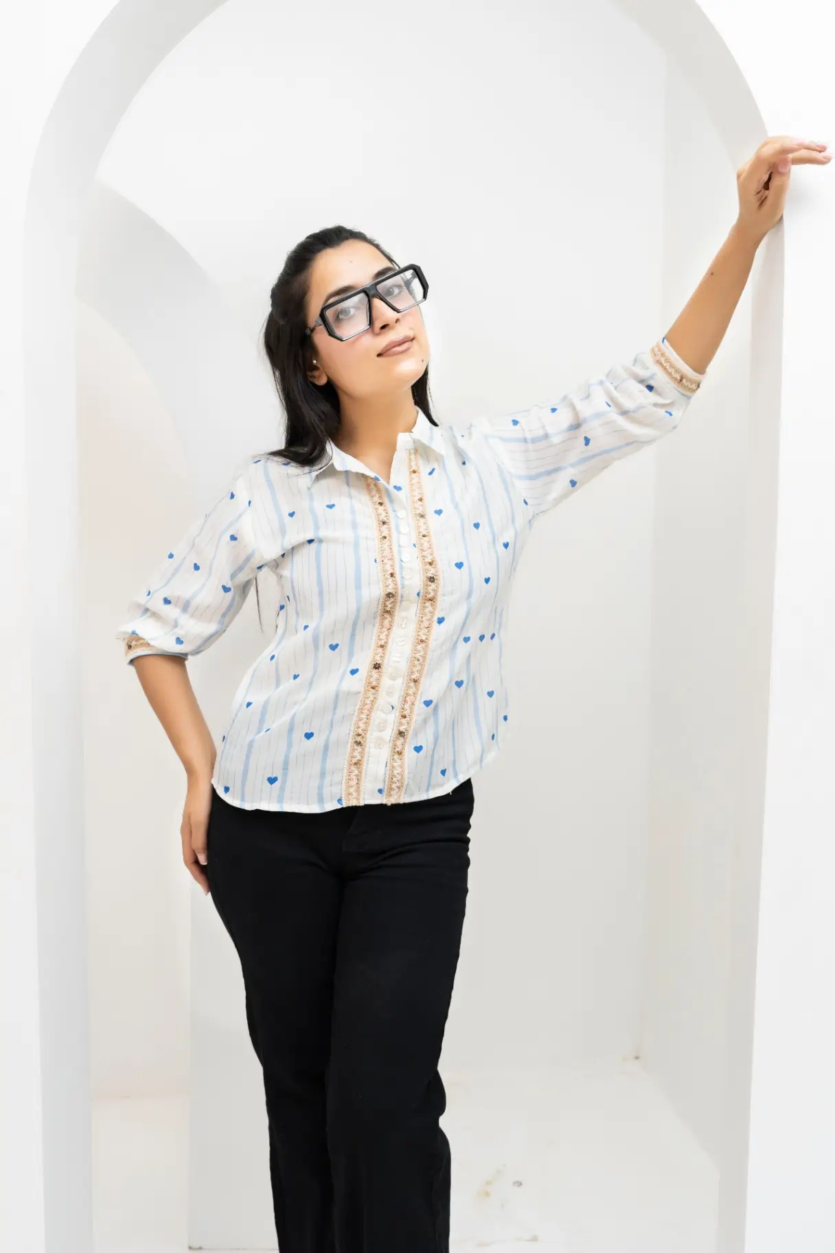 Off-White Dobby Stripe Shirt Top with Lace Border and Mini Hearts view 2