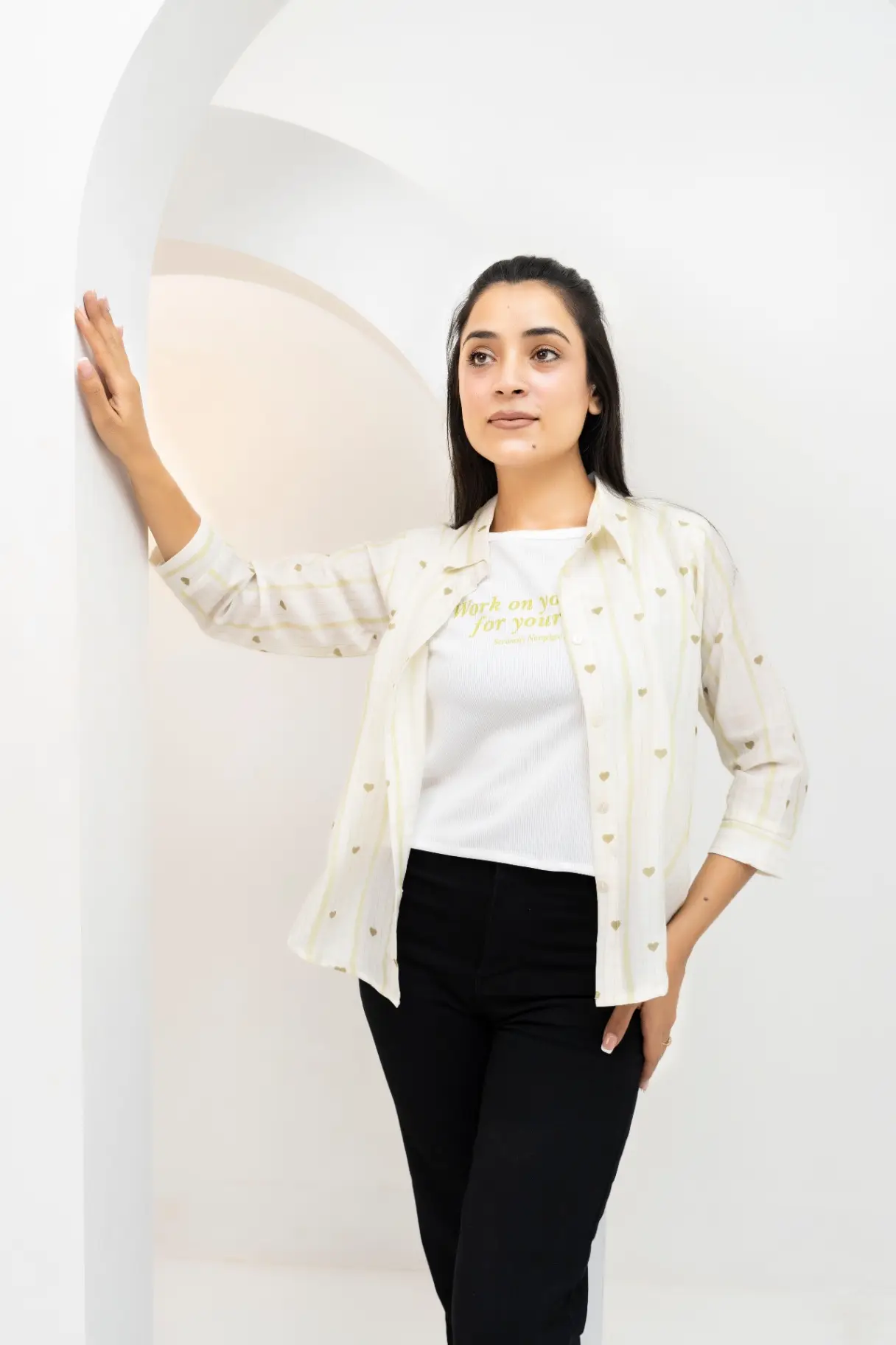 Ivory Dobby Stripe Embroidered Overlay Shirt Top view 2