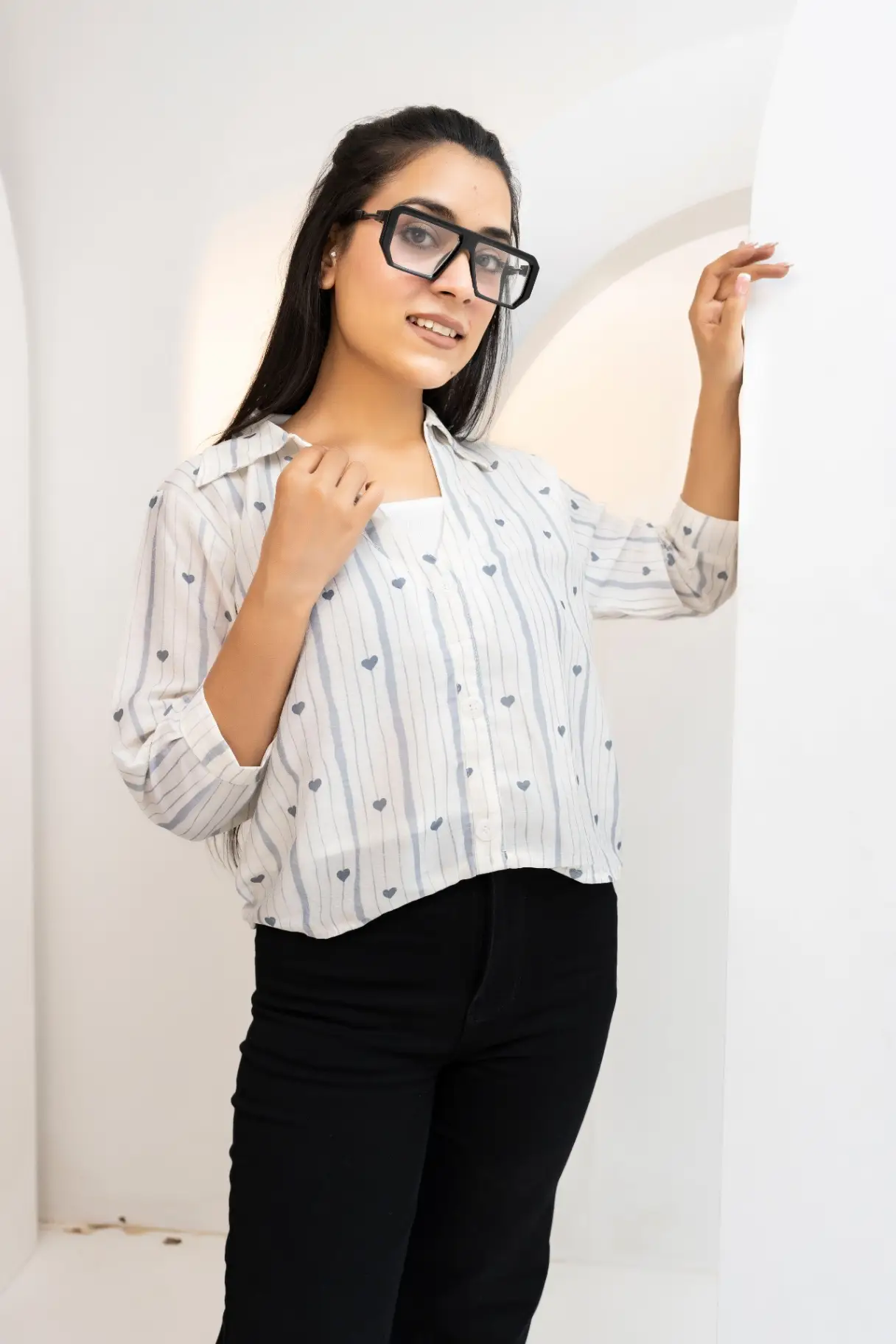 Ivory Stripe Heart Print Button-Down Shirt Top view 2