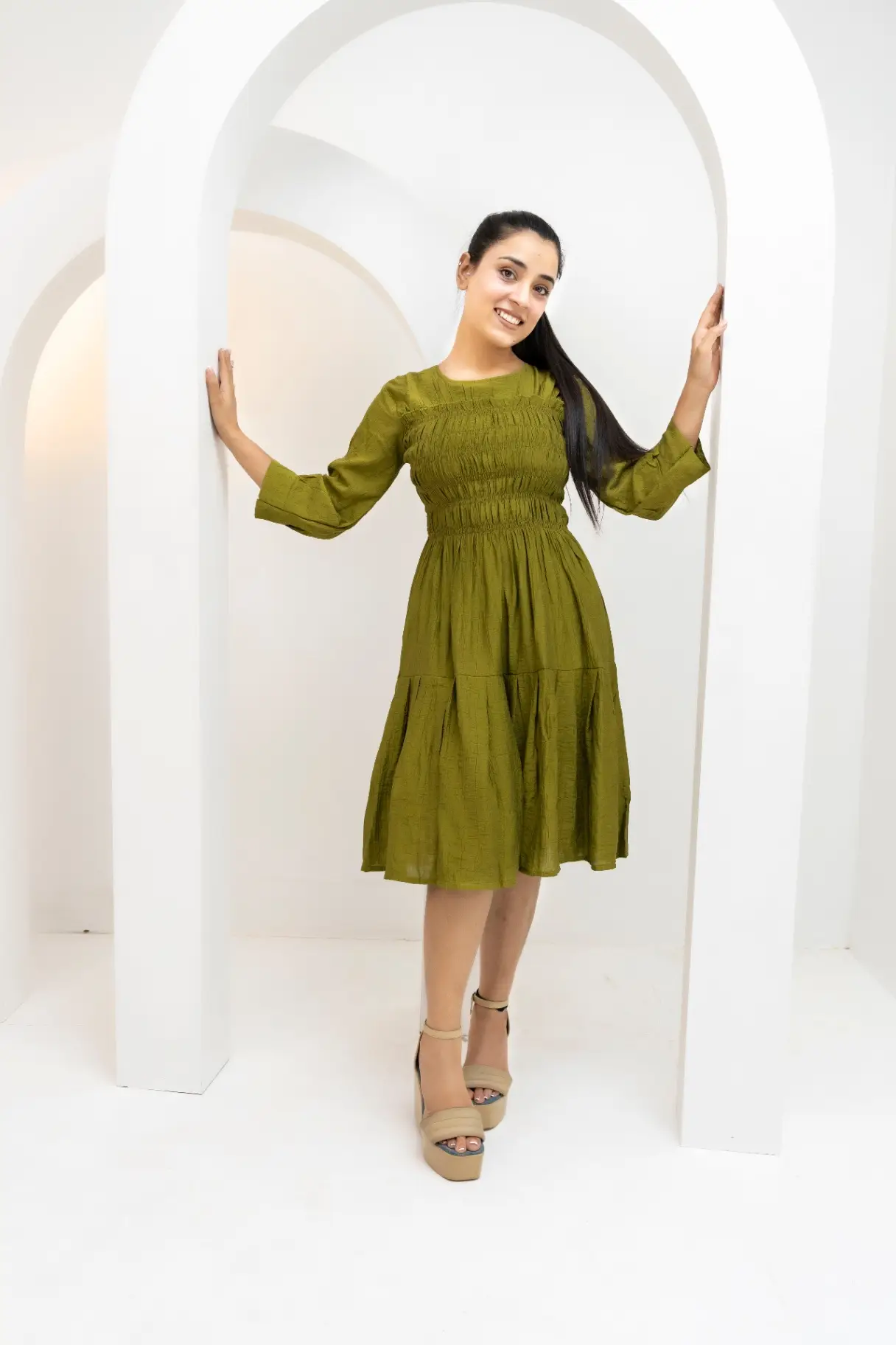 Olive Moss Smocked Tiered Midi Dress