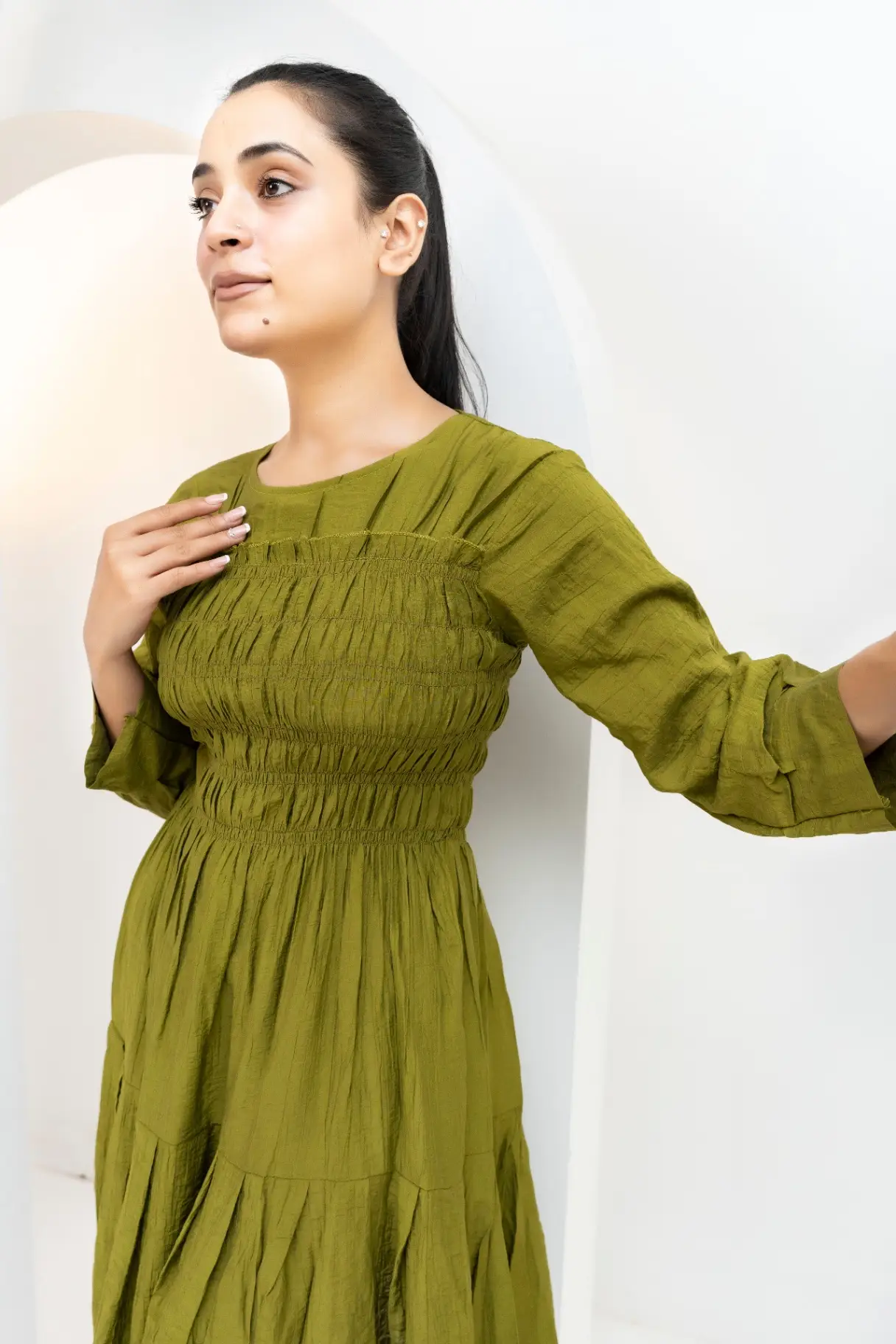 Olive Moss Smocked Tiered Midi Dress view 2