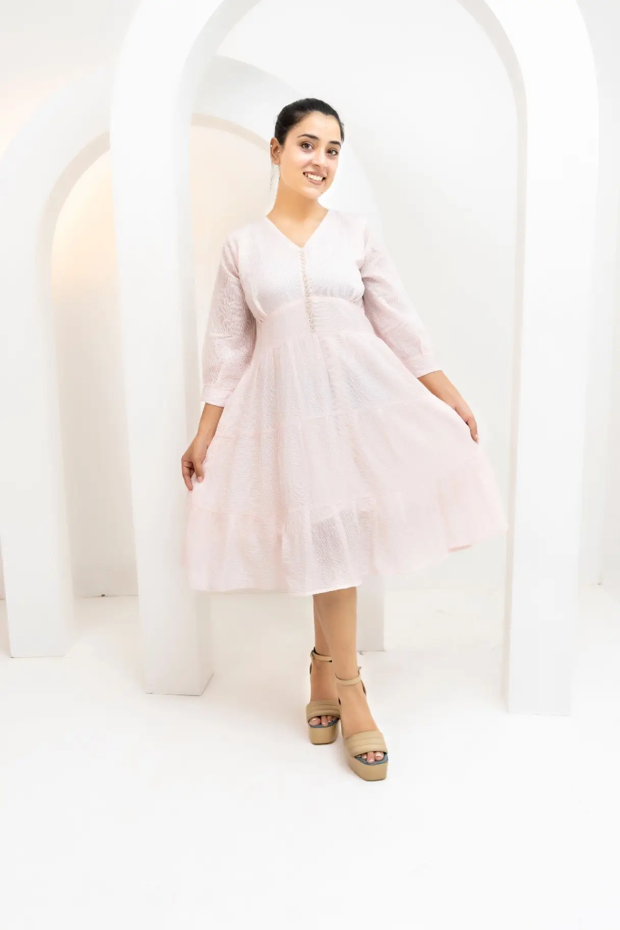 Blush Horizon Tiered Empire Midi Dress