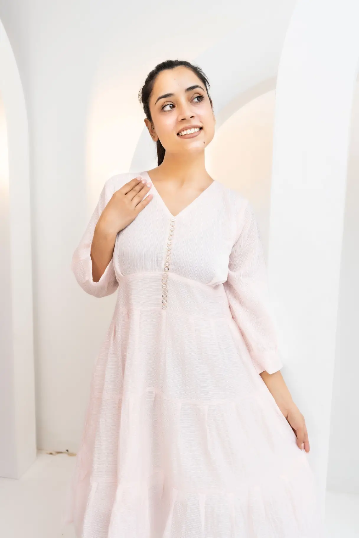 Blush Horizon Tiered Empire Midi Dress view 2