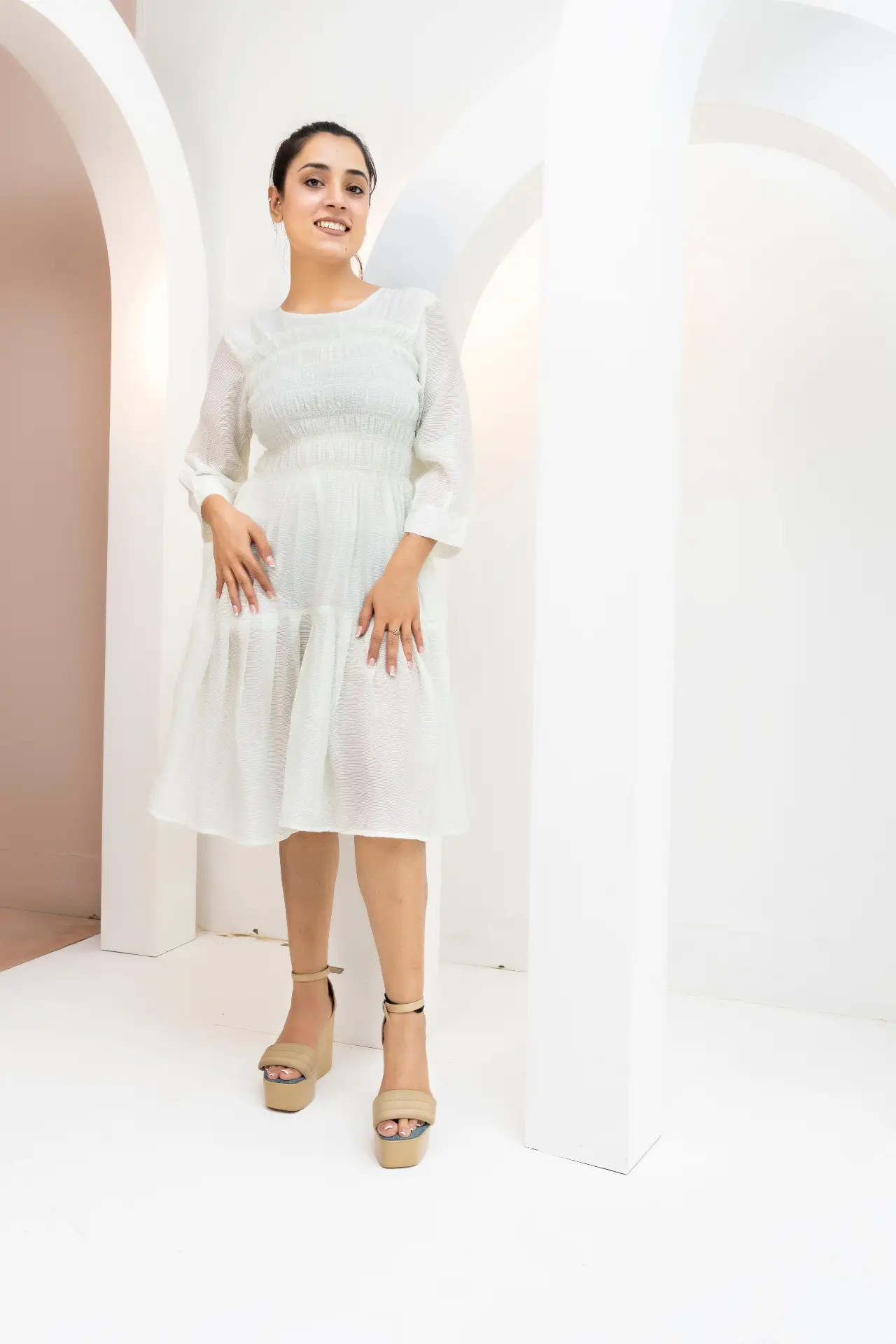 Vanilla Textured Fit-and-Flare Midi Dress