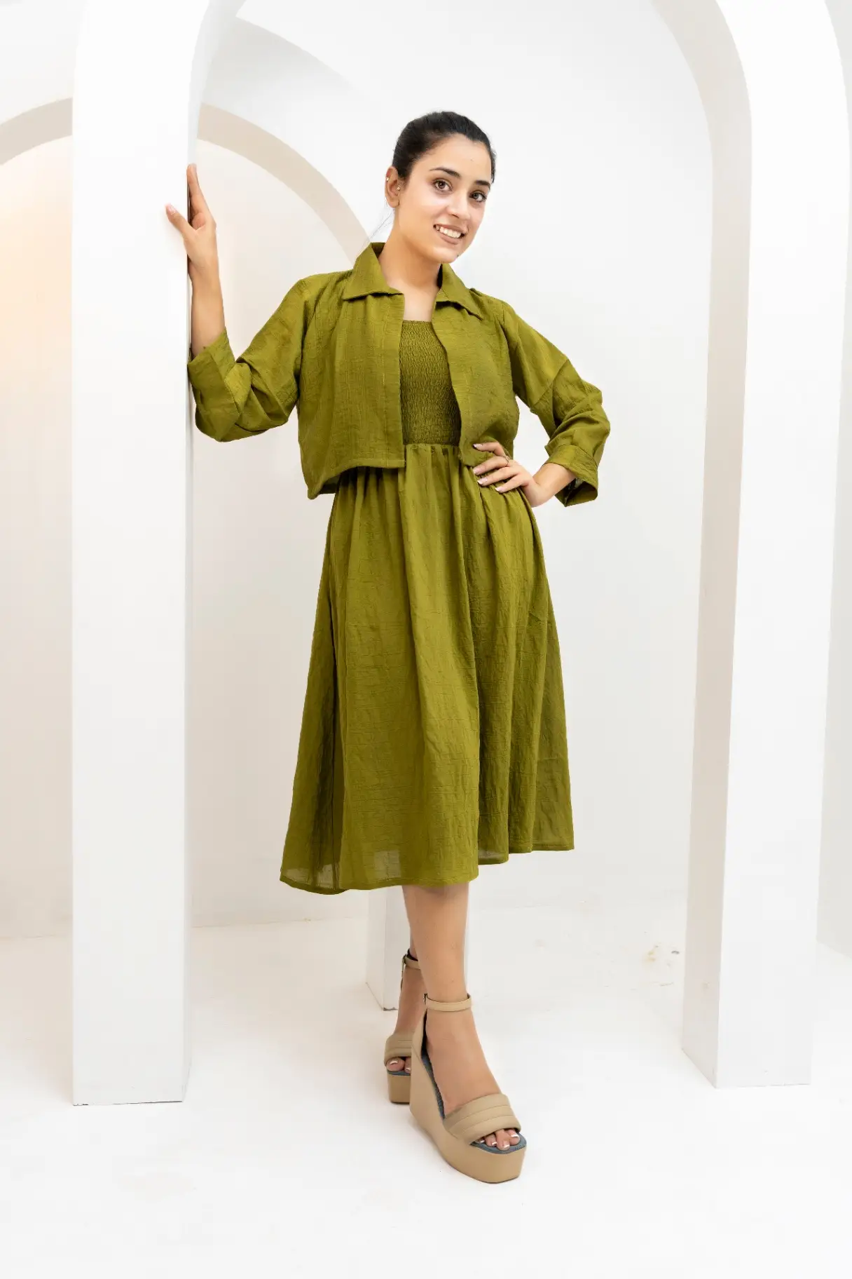 Olive Moss Smocked Midi Dress & Cropped Jacket Set