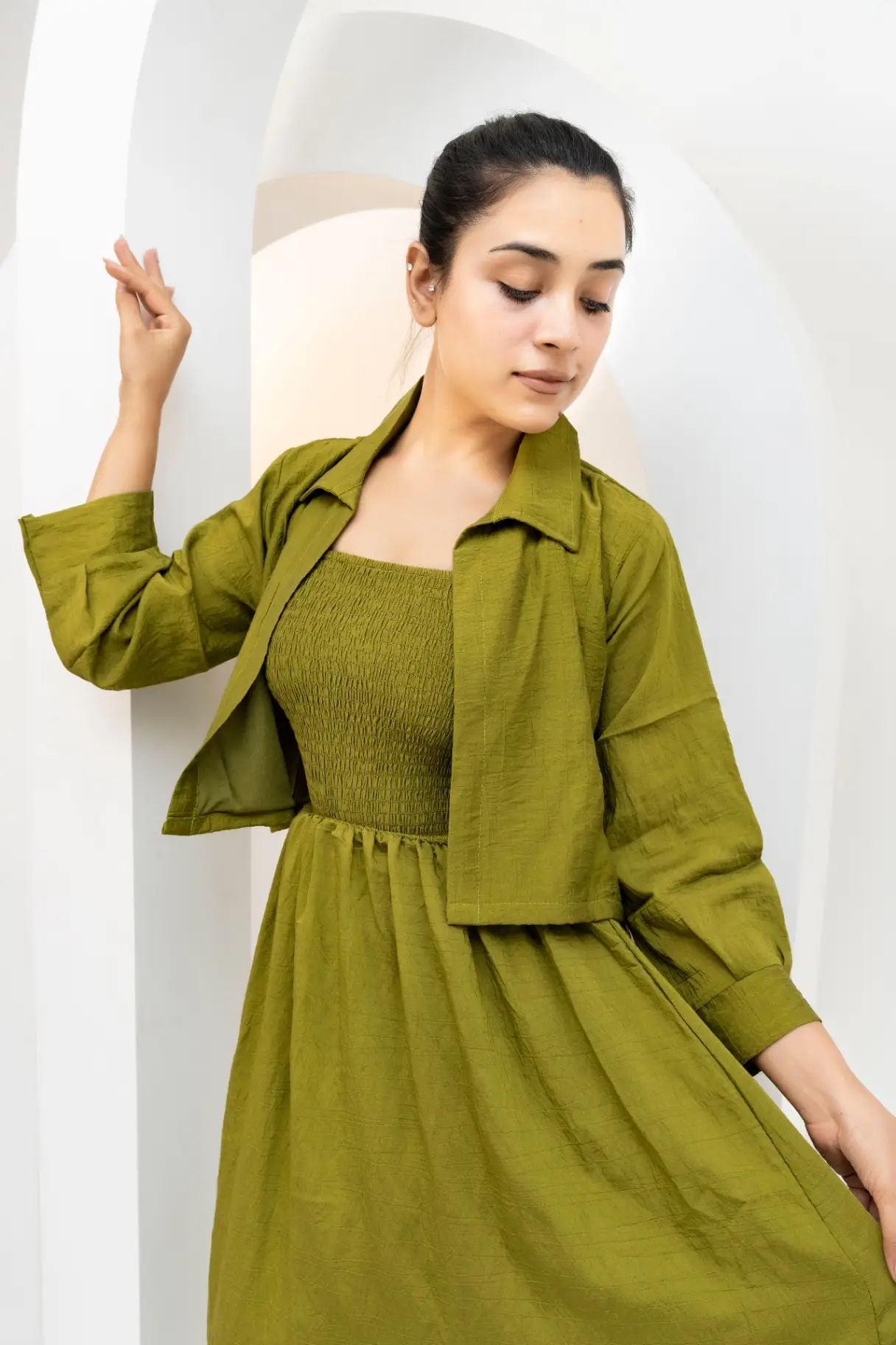 Olive Moss Smocked Midi Dress & Cropped Jacket Set view 2
