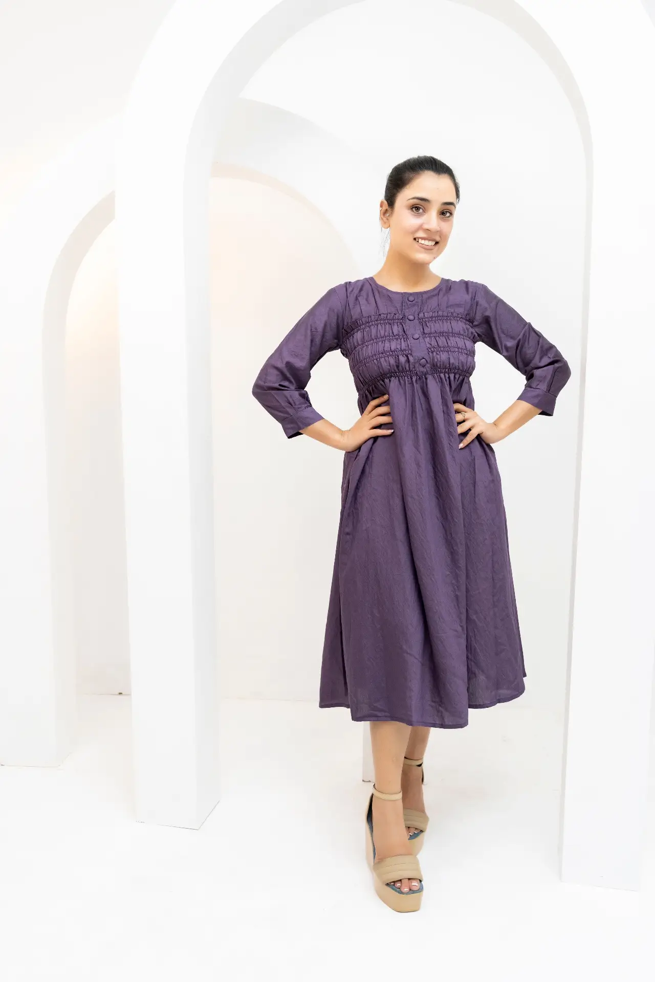 ark Mauve Textured Fit-and-Flare Midi