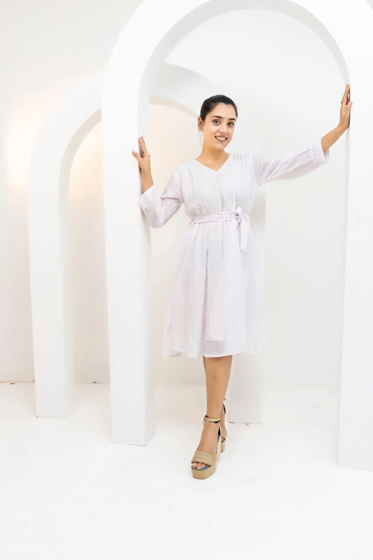 Lilac Whisper Belted A-Line Midi Dress