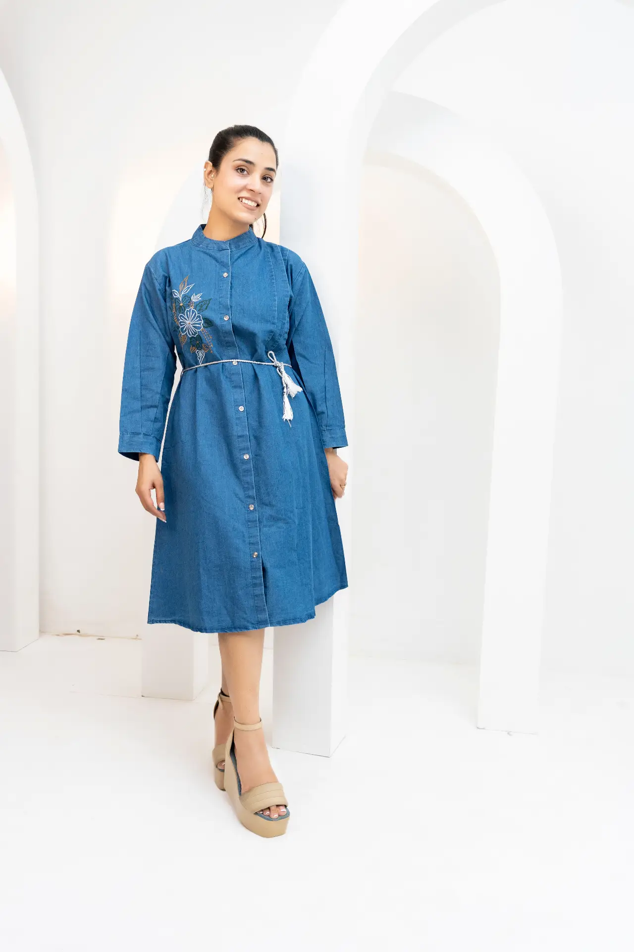 Indigo Flora Embroidered Denim Shirt-Dress view 2