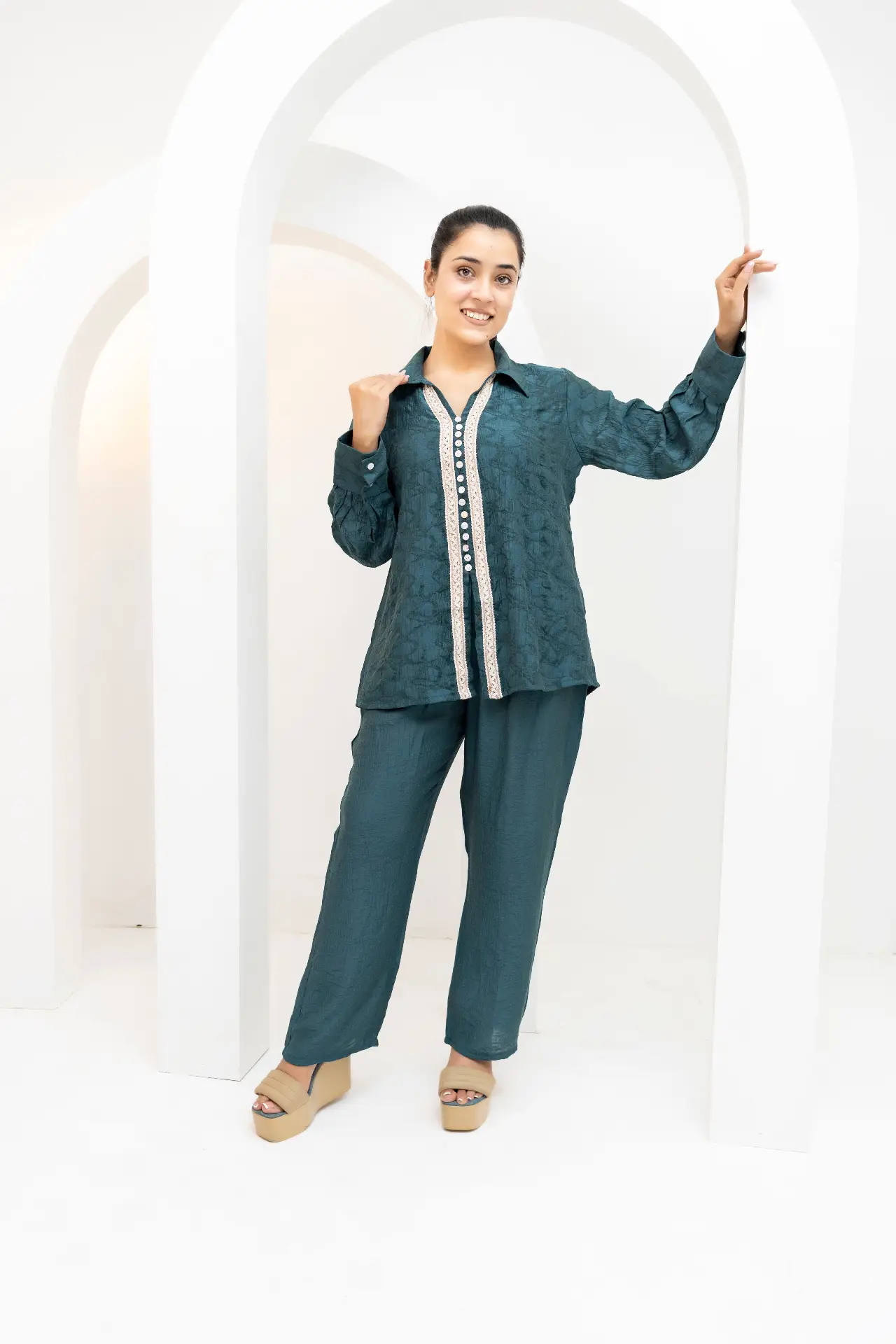 Teal Horizon Lace-Trimmed Co-Ord Set