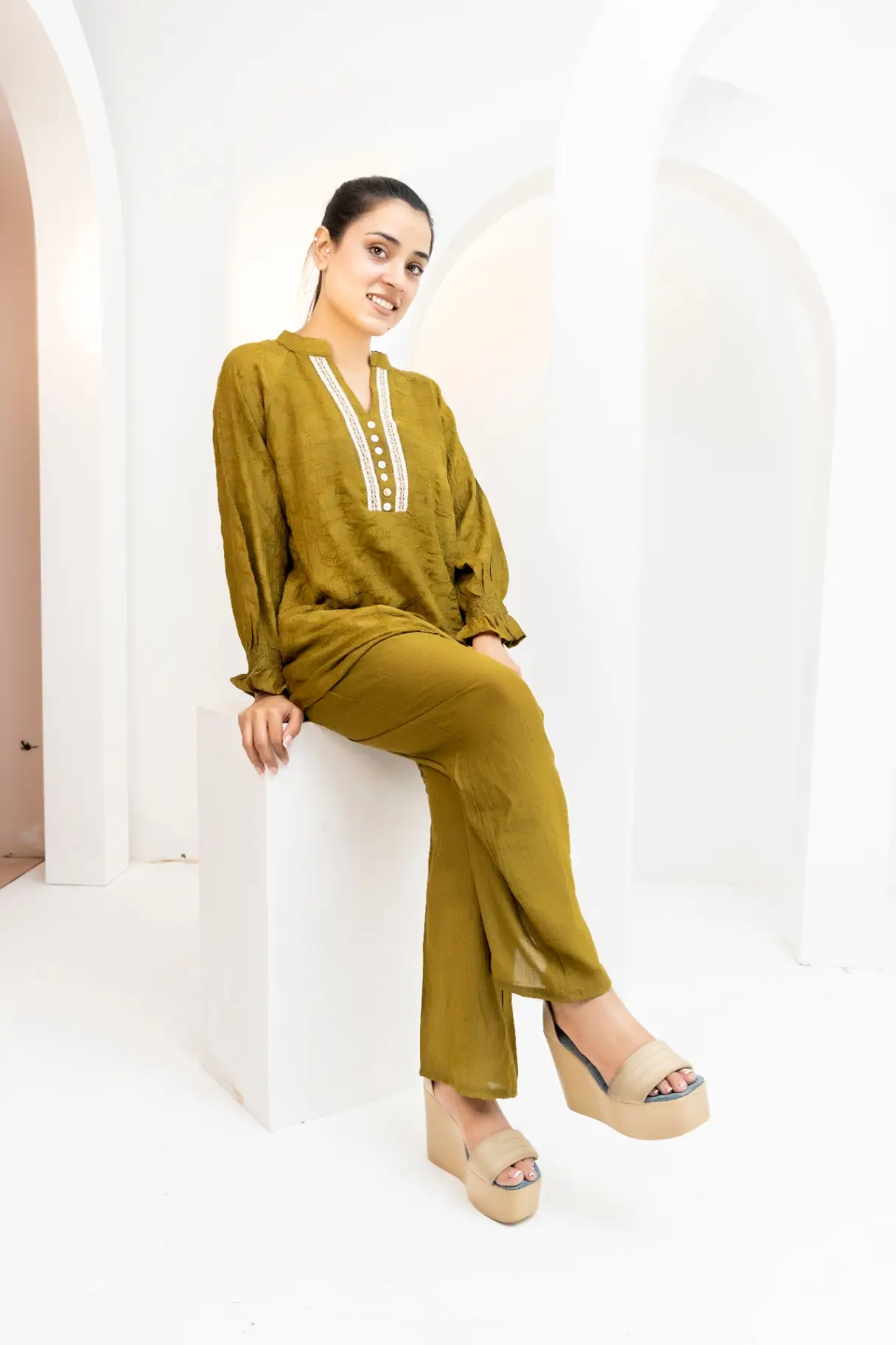 Olive Horizon Lace-Panel Co-Ord Set