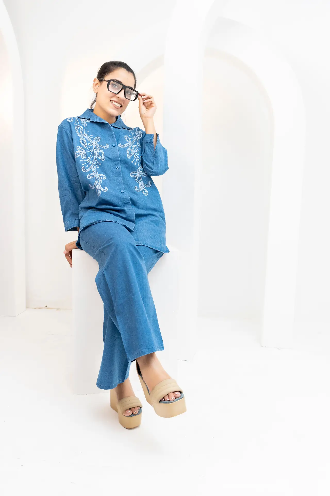 Indigo Blossom Embroidered Denim Co-Ord Set