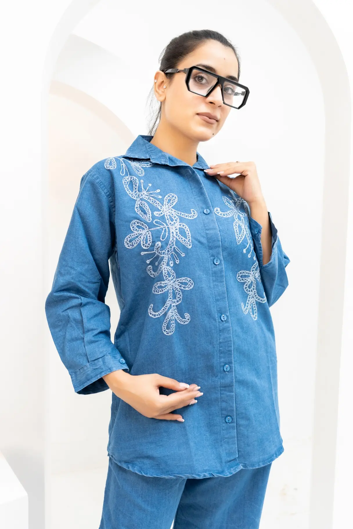 Indigo Blossom Embroidered Denim Co-Ord Set view 2