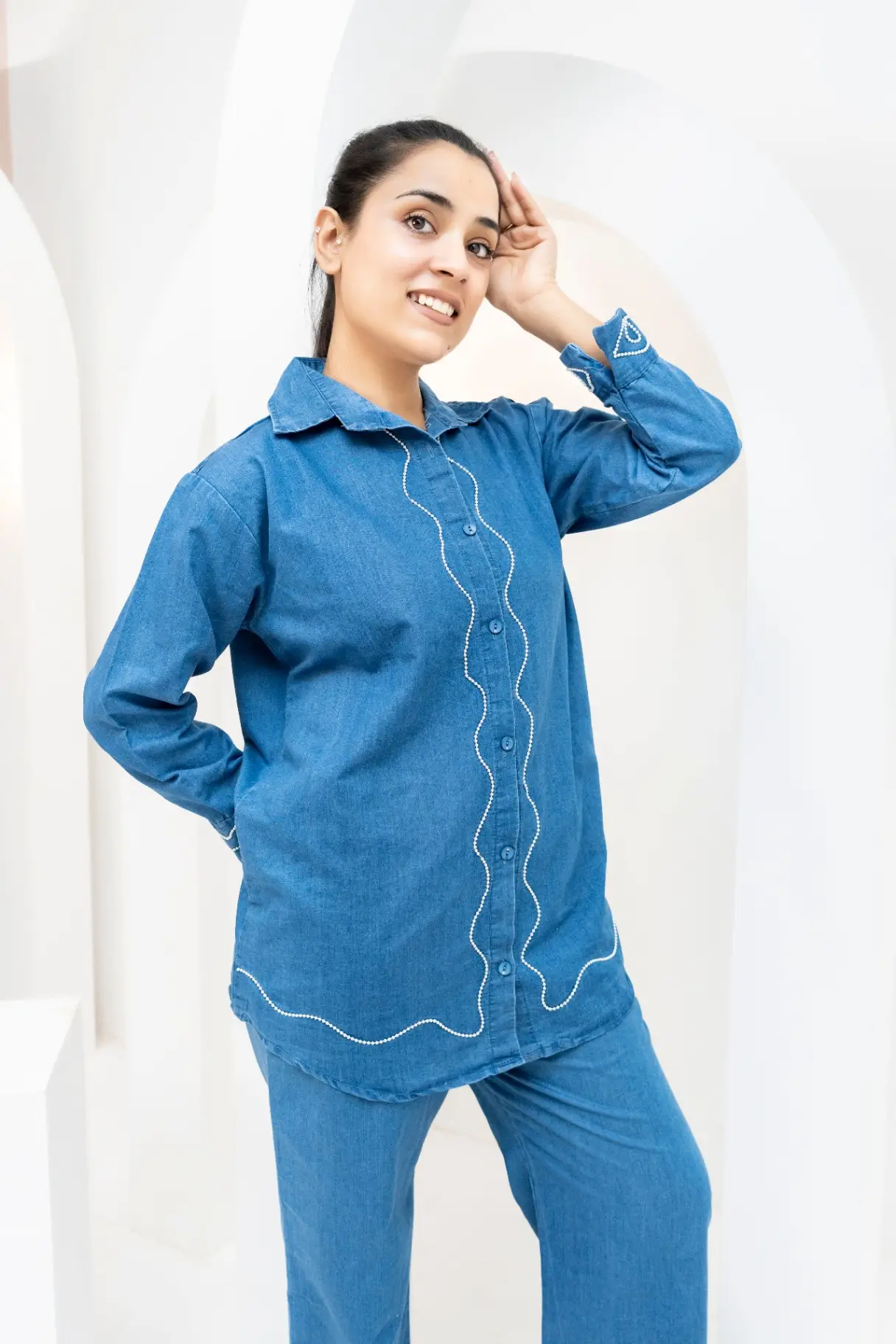 Indigo Scallop-Trimmed Denim Co-Ord Set view 2