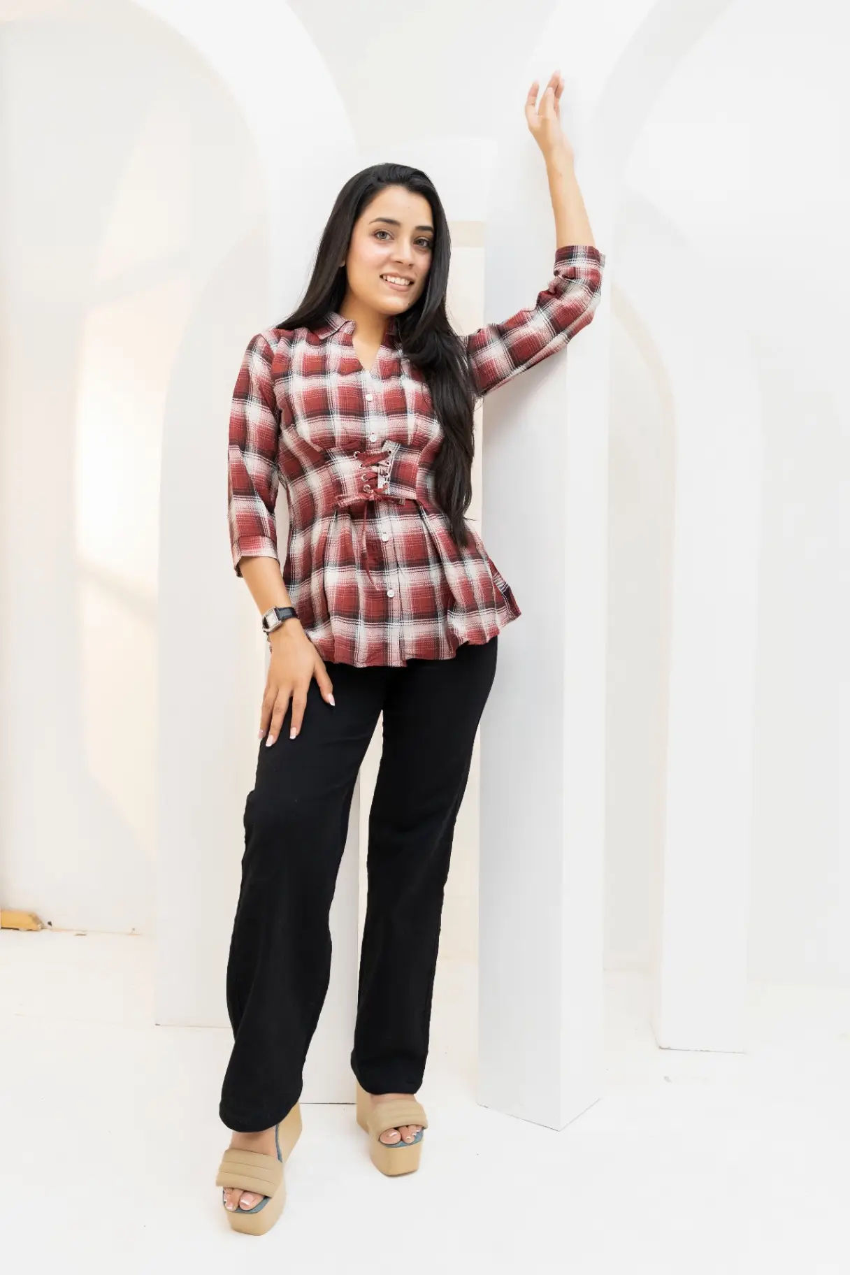Burgundy Plaid Lace-Up Corset Top