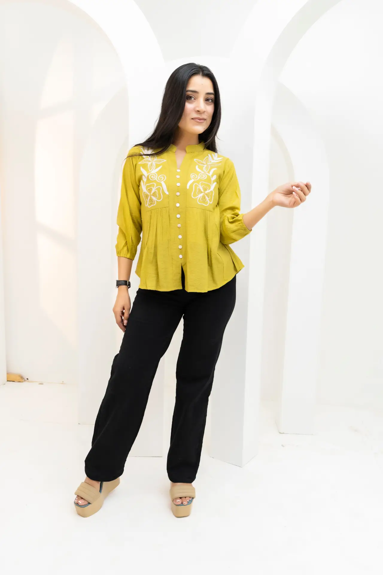Moss Green Crinkle-Textured Pleated Top