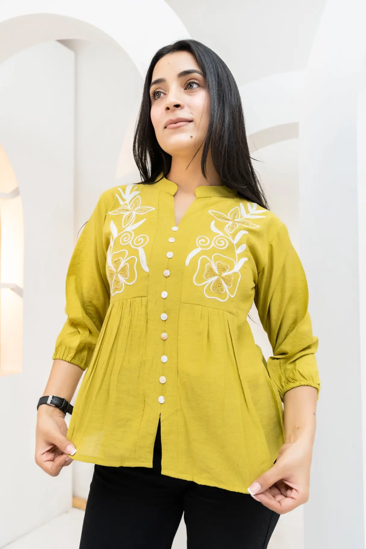 Moss Green Crinkle-Textured Pleated Top view 2