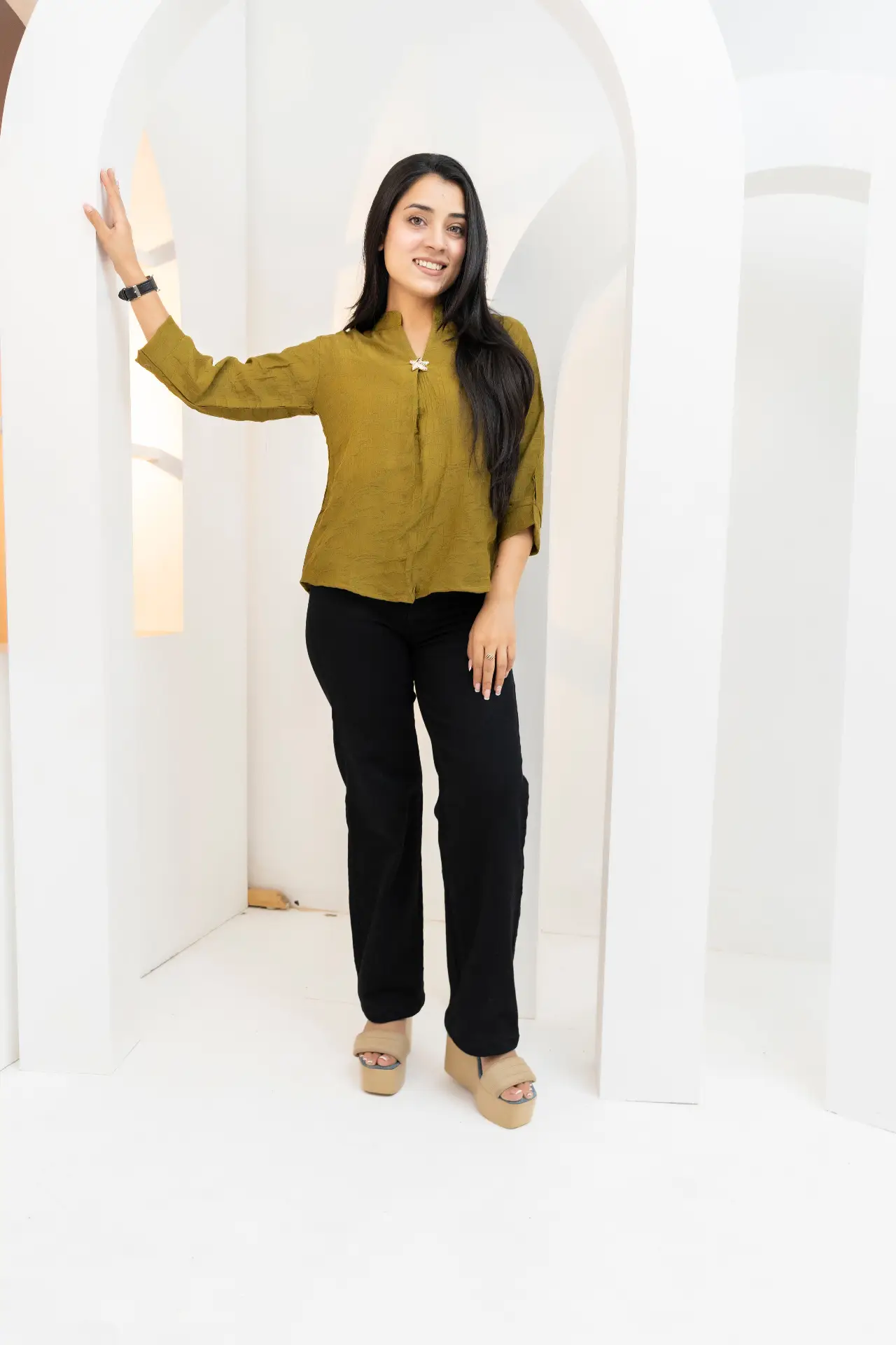 Moss Green Crinkle-Textured Split-Neck Top