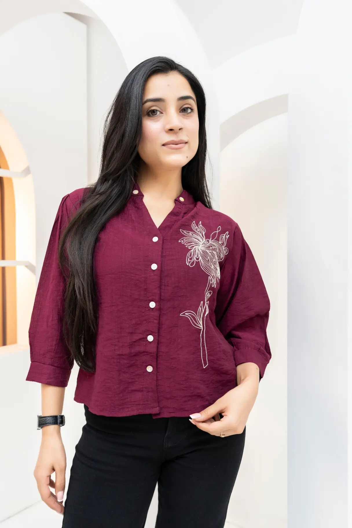 Burgundy Lily Outline Embroidered top