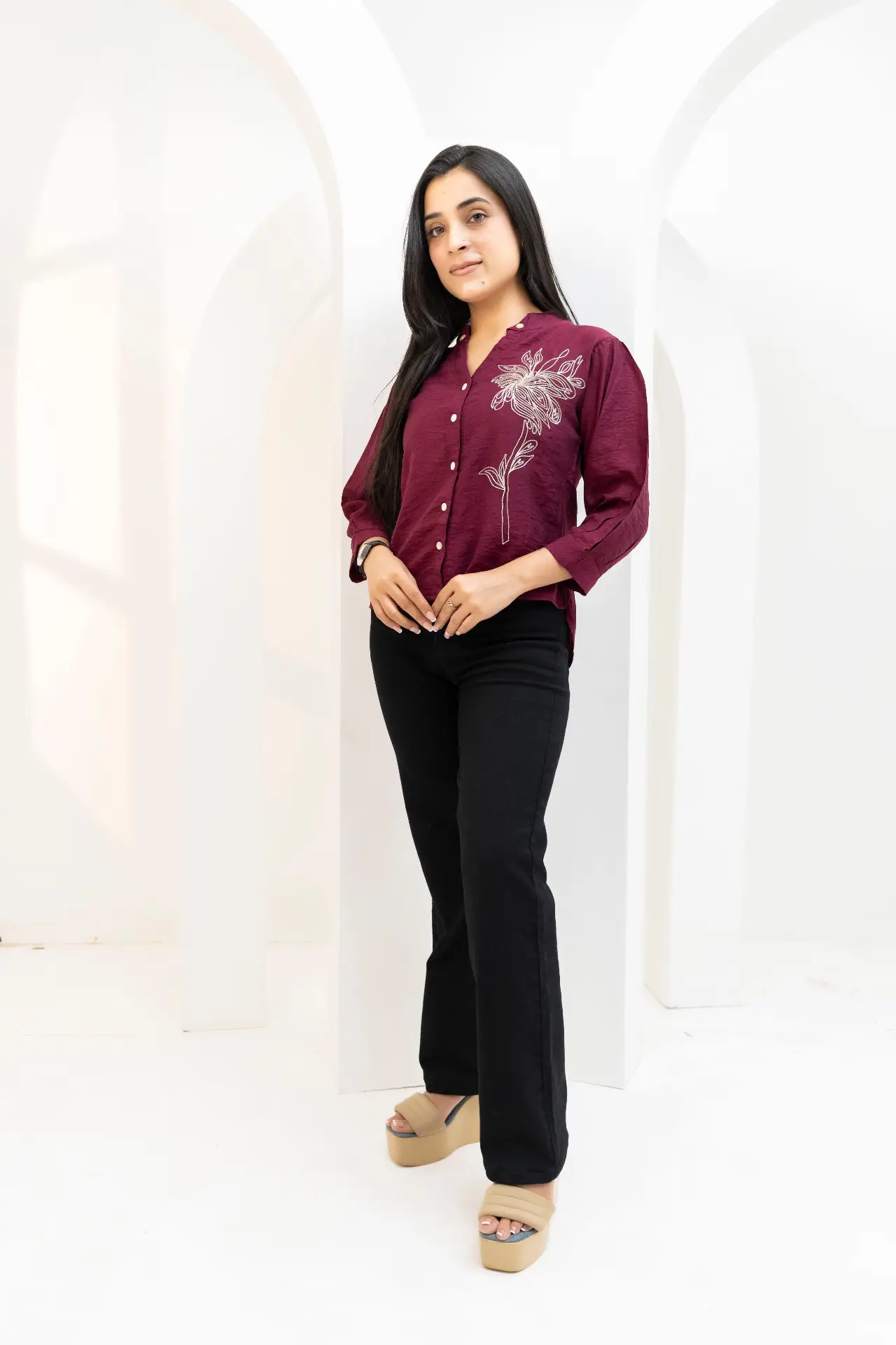 Burgundy Lily Outline Embroidered top view 2