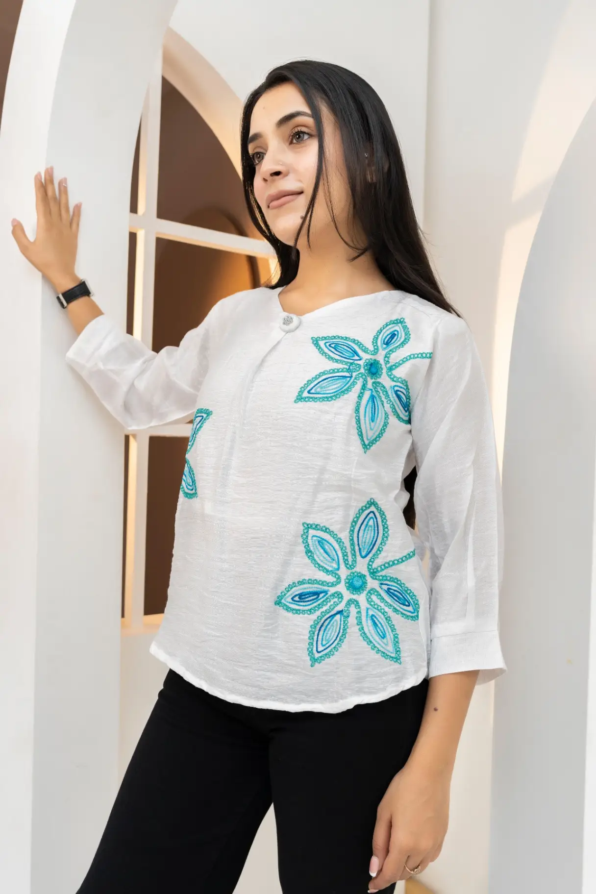 Ivory Horizon Teal Bloom Accent Top view 2