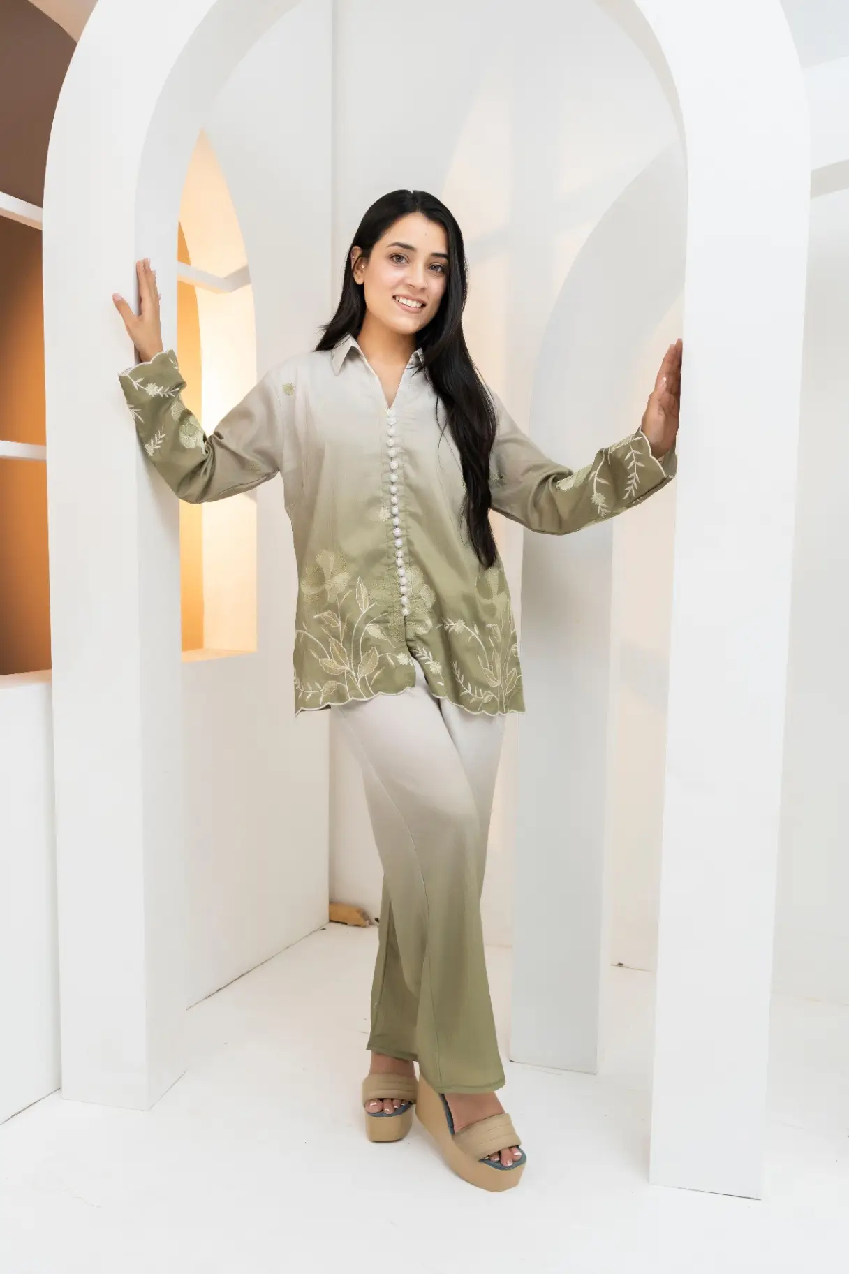 Sage Ombré Scalloped Embroidered Co-Ord Set