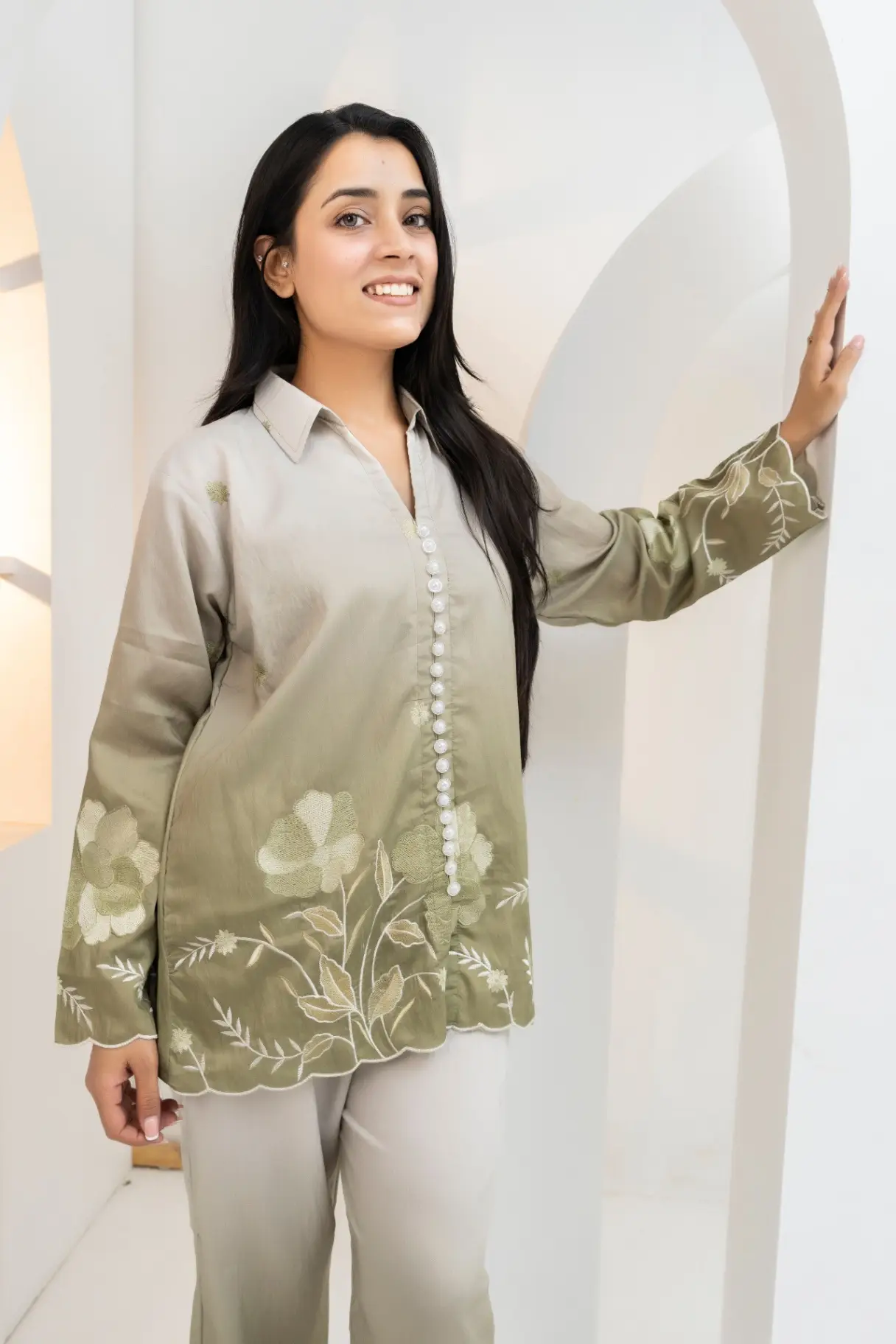 Sage Ombré Scalloped Embroidered Co-Ord Set view 2