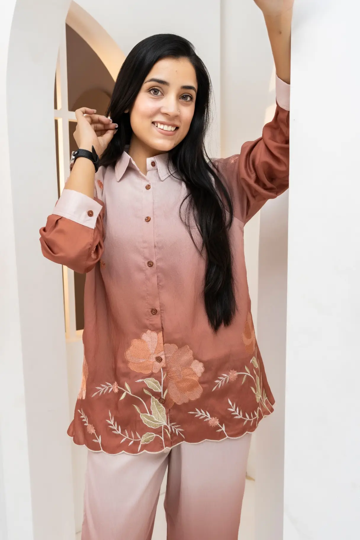 Terracotta Ombré Scalloped Embroidered Co-Ord Set view 2