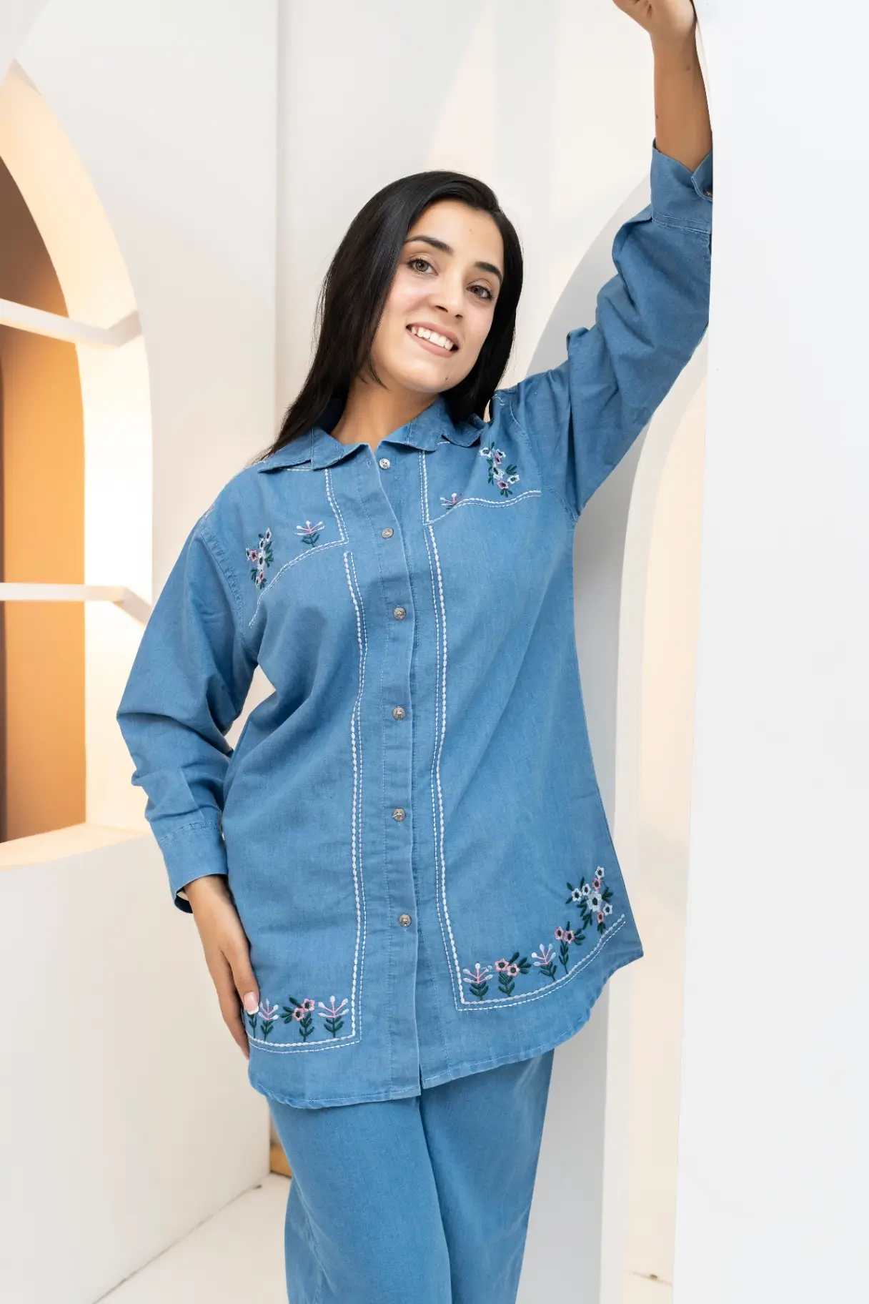 Indigo Meadow Embroidered Denim Co-Ord Set view 2
