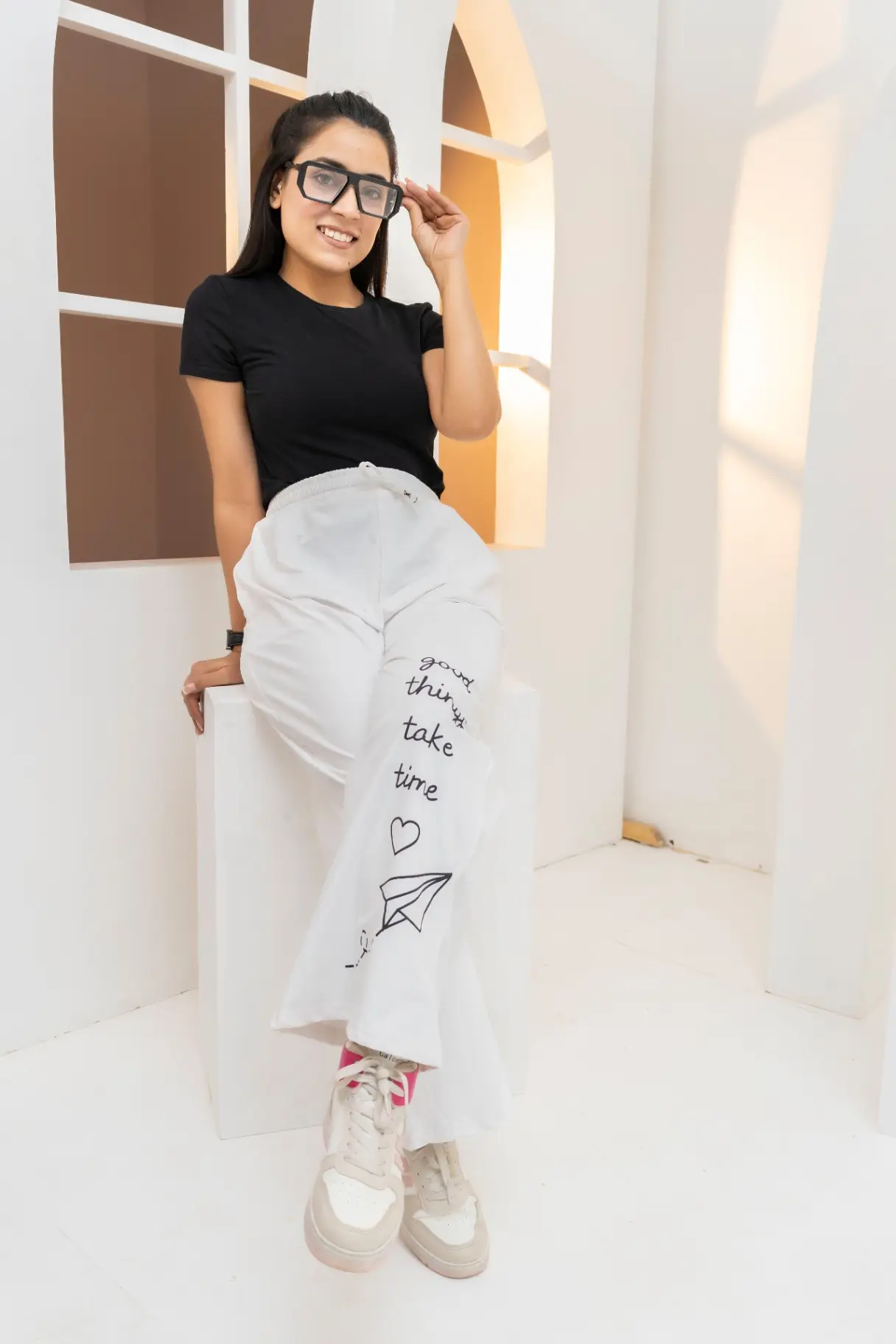 White 'Good Things' Slogan Wide-Leg Trousers view 2