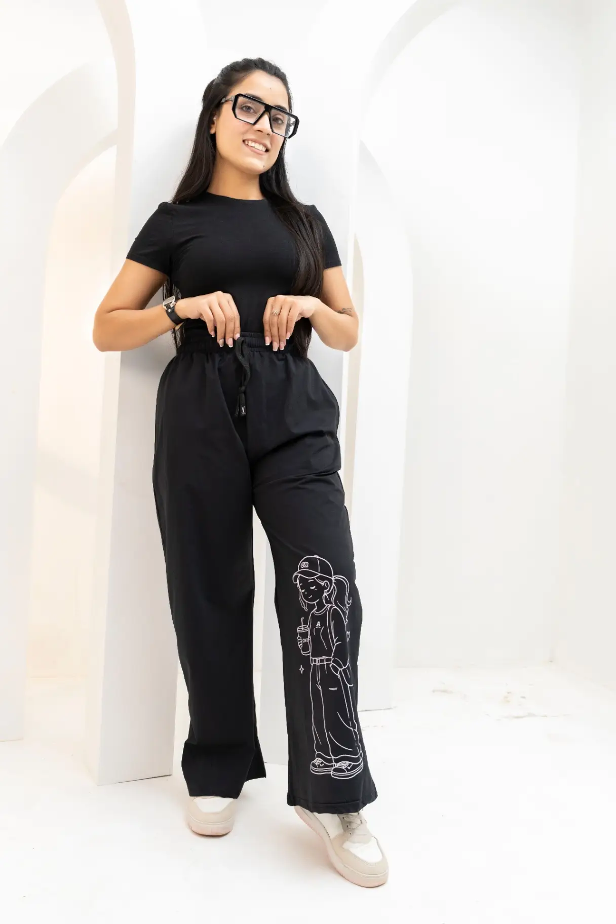 Jet Black Anime Graphic Wide-Leg Trousers