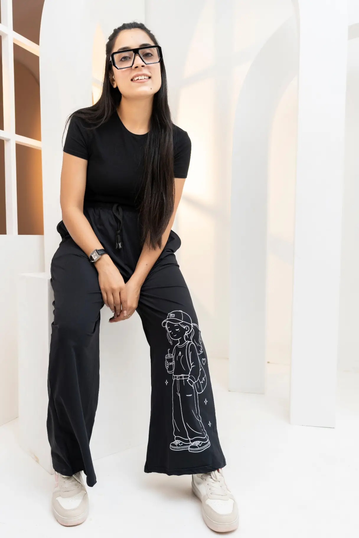 Jet Black Anime Graphic Wide-Leg Trousers view 2