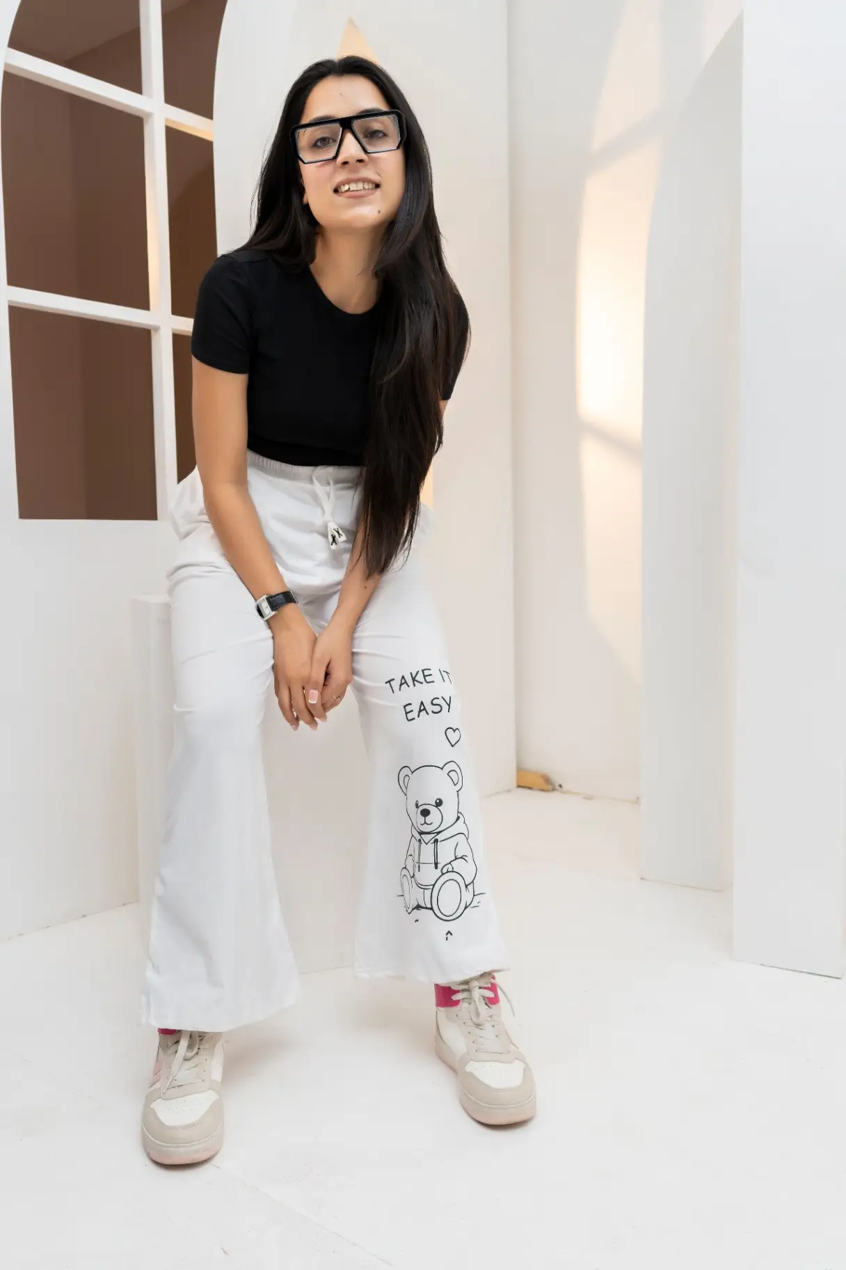 White 'Take It Easy' Teddy Graphic Trousers view 2