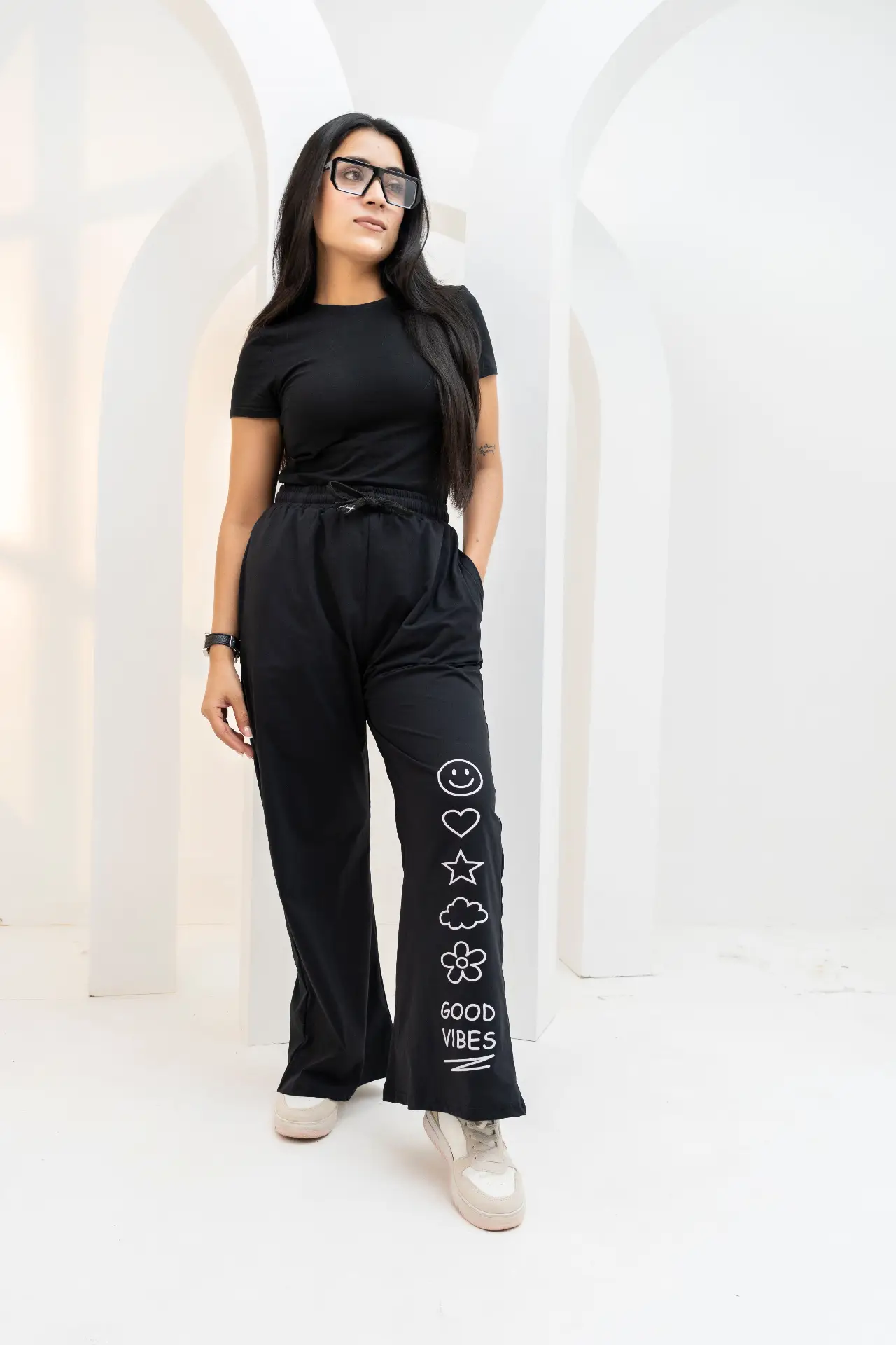 Jet Black 'Good Vibes' Icon Wide-Leg Trousers