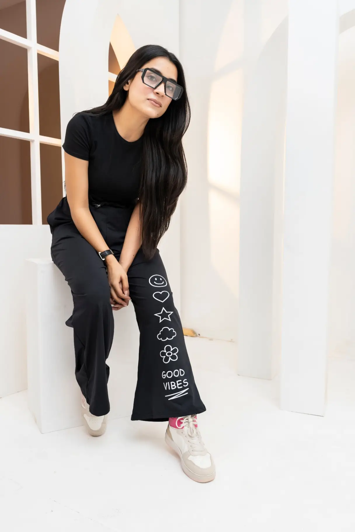 Jet Black 'Good Vibes' Icon Wide-Leg Trousers view 2