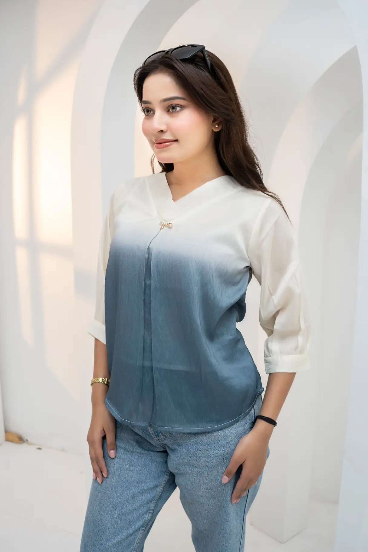 Ivory to Slate Blue Ombré Tunic Top view 2