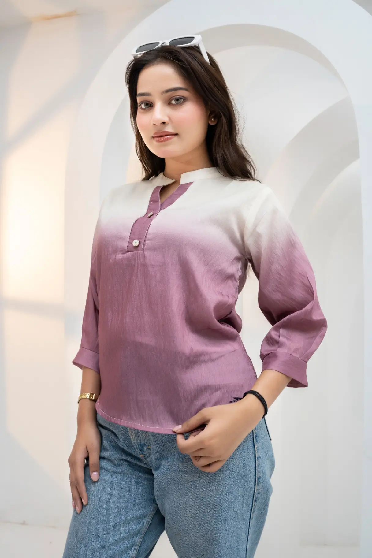 Ivory to Plum Purple Ombré Tunic Top view 2