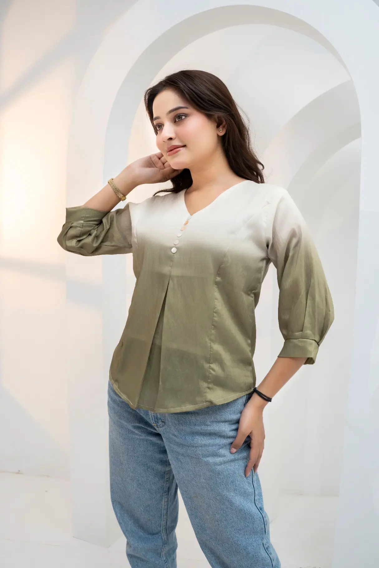 Ivory to Olive Green Ombré Tunic Top view 2