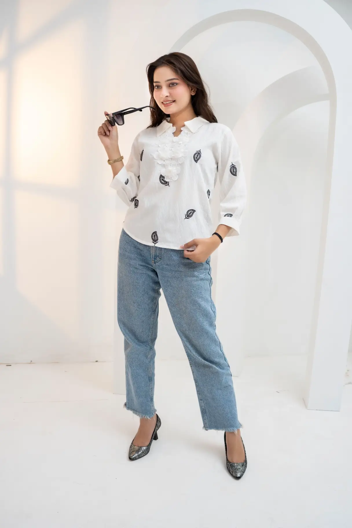 Crisp White Lace-Placket Ruffle Top