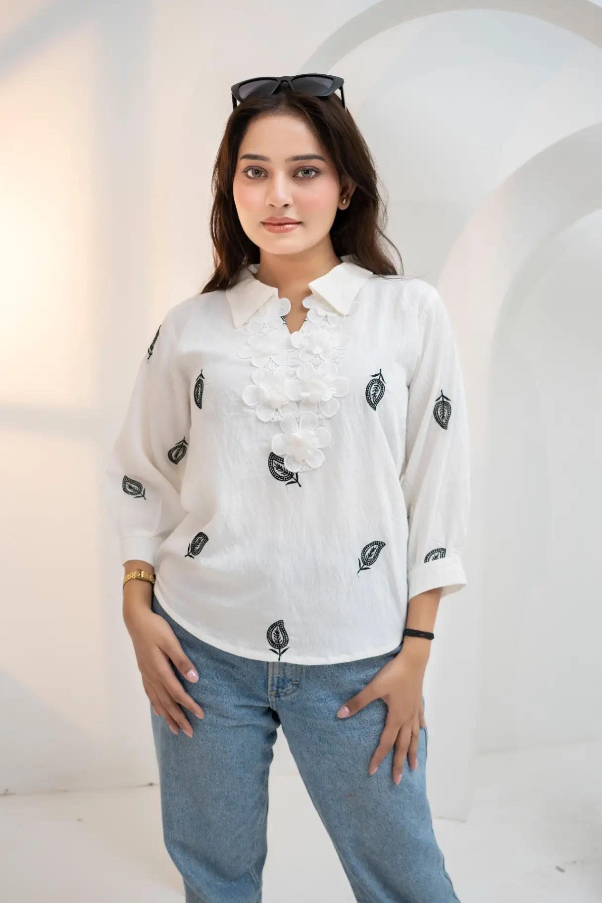 Crisp White Lace-Placket Ruffle Top view 2