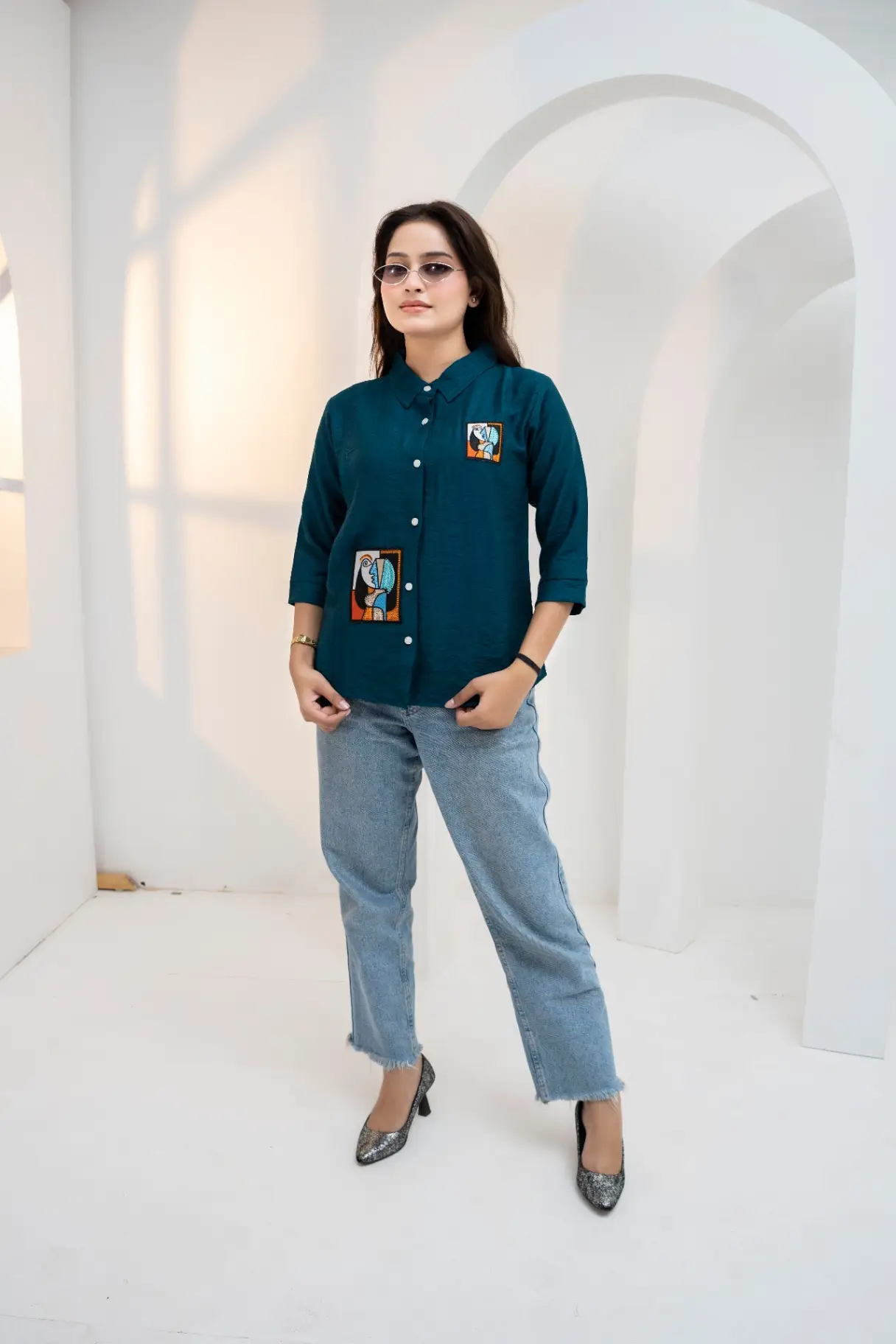 Teal Horizon Abstract Portrait Patch Shirt Top