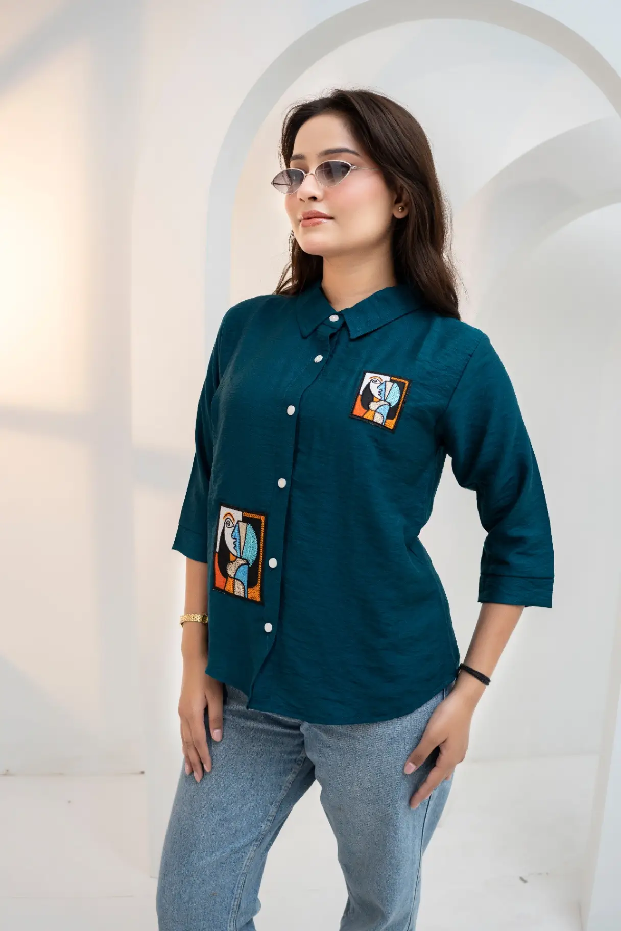 Teal Horizon Abstract Portrait Patch Shirt Top view 2