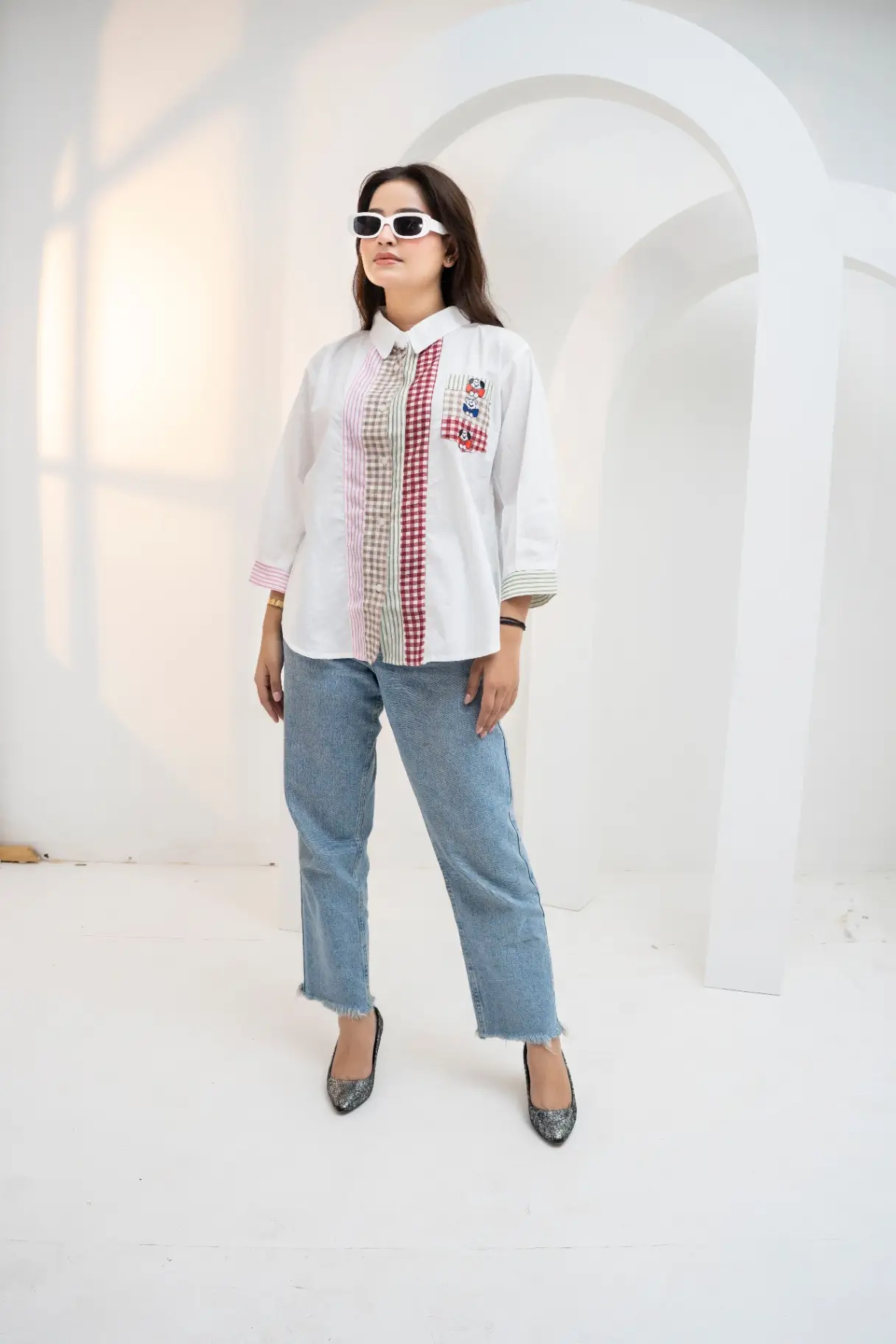Crisp White Mixed Gingham Patchwork Shirt Top
