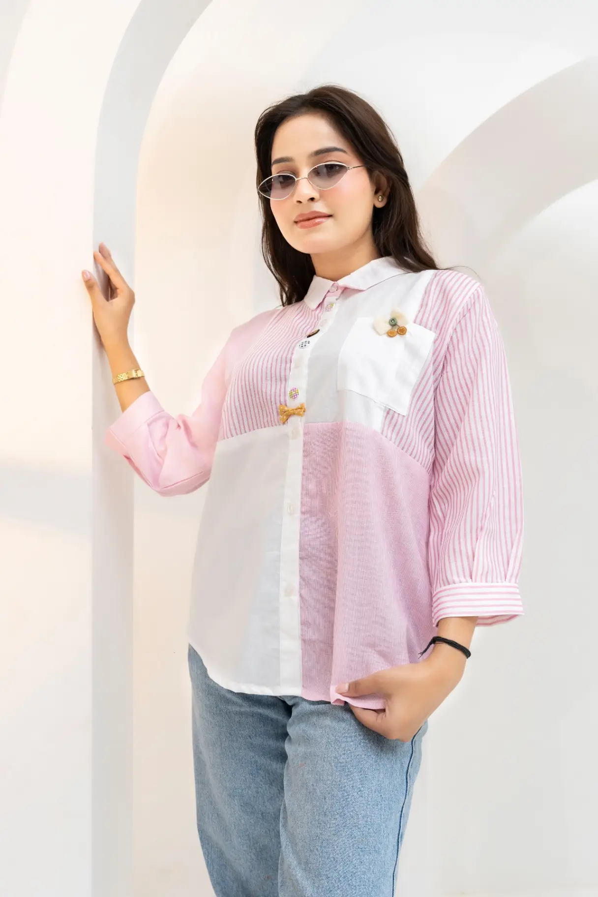 Blush Stripe Color-Block Patchwork Shirt  Top view 2